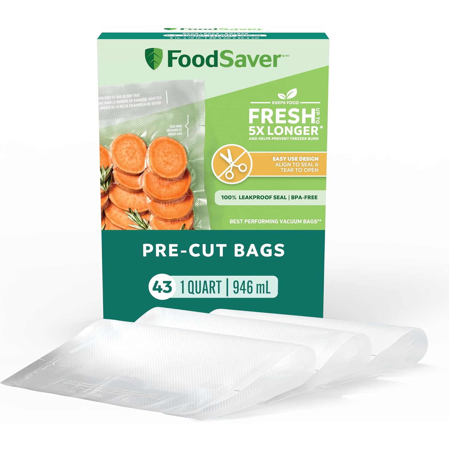 Foodsaver Quart Pre-Cut Vacuum Seal Bags, Easy Use Vacuum Storage Bags, Align To Seal And Tear To Open Vacuum Sealer Storage Bags, 43 Pack