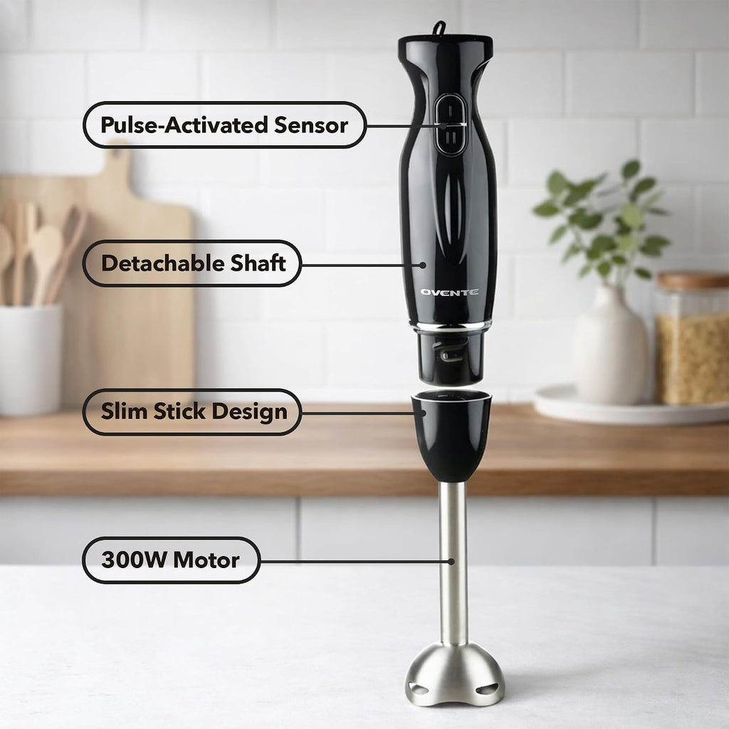 Ovente Immersion Hand Blender, 300W Electric Handheld Stick Mixer With 2 Mixing Speeds And Stainless Steel Blades For Smoothies, Purees & Baby Food, Black Hs560B