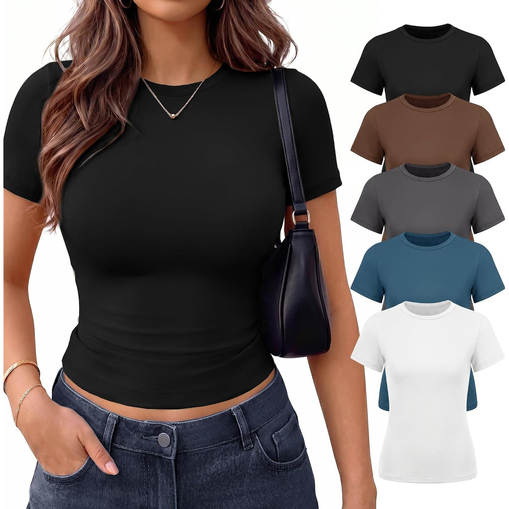NexiEpoch 5 Pack T Shirts for Women - Crew Neck Short Sleeve Crop Tops Plain Casual Basic Tees Fitted Clothes Cute Y2K Outfit