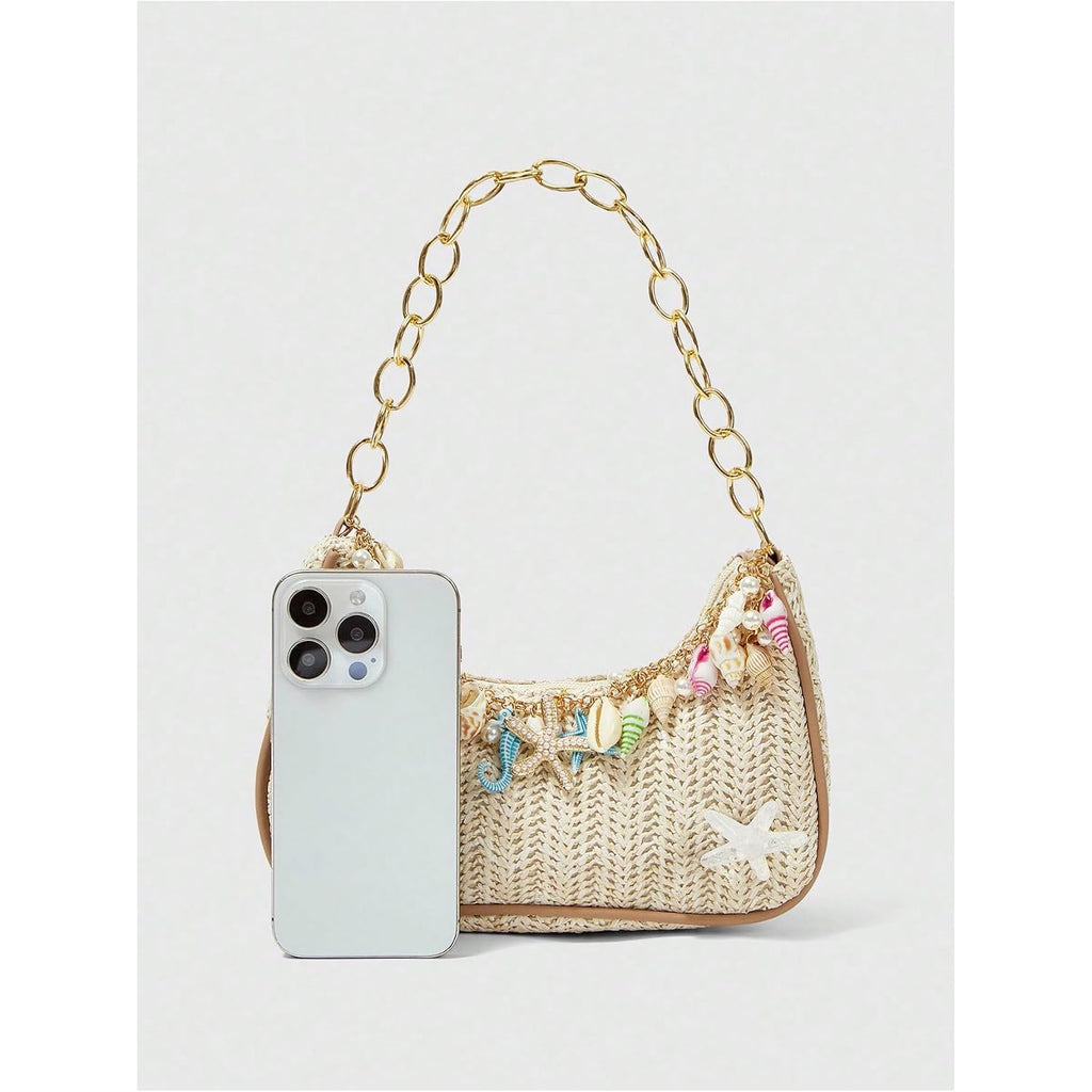 Makemechic Women'S Straw Beach Purse Seashell Beaded Shoulder Handbags Summer Vacation Bags