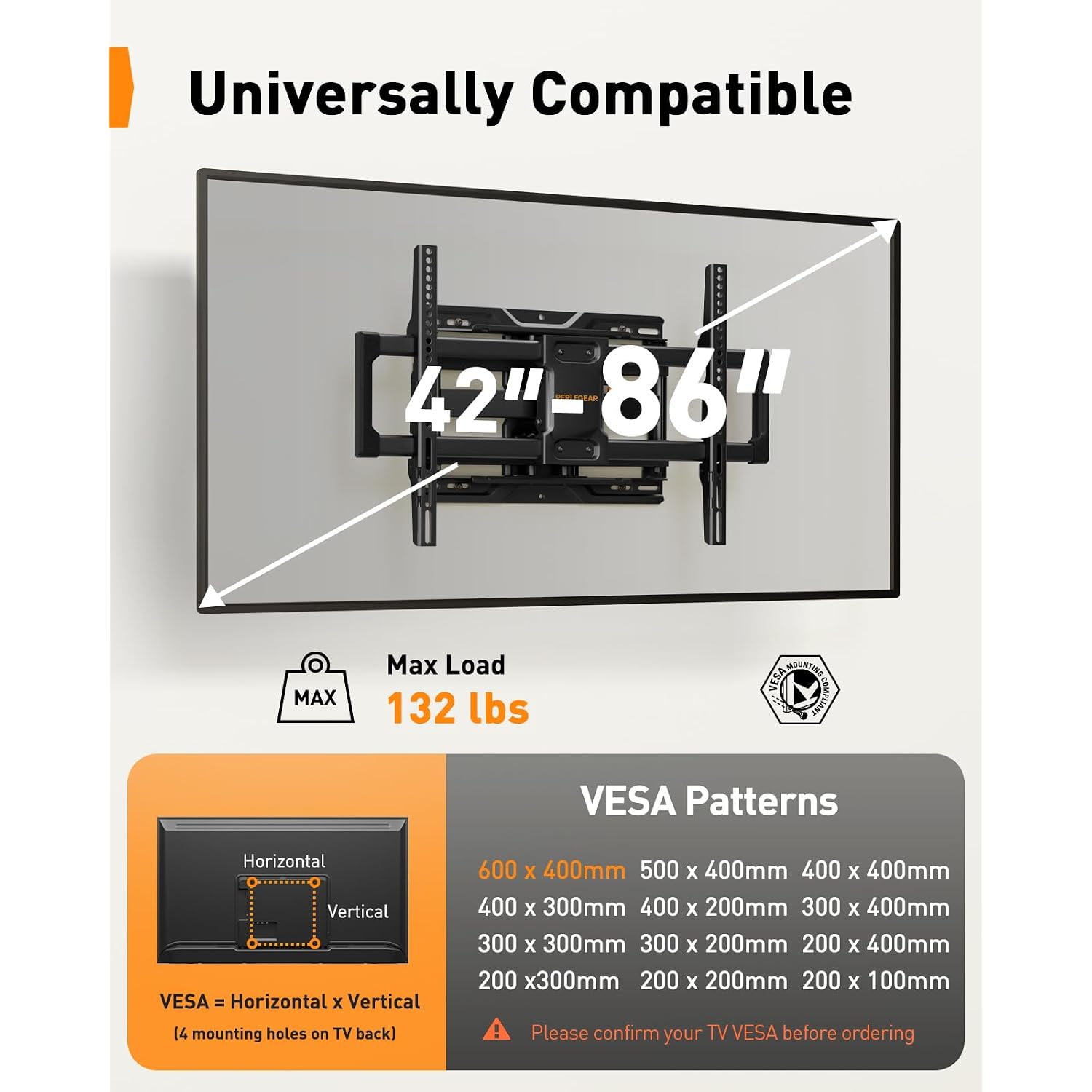 Perlegear Full Motion Tv Wall Mount For 42–86 Inch Tvs Up To 132 Lbs | 30% Thicker Heavy-Duty Articulating Arm, Tool-Free Tilt, Swivel, Extend, Level, Fits 16" Studs, Max Vesa 600X400Mm, Ul Listed
