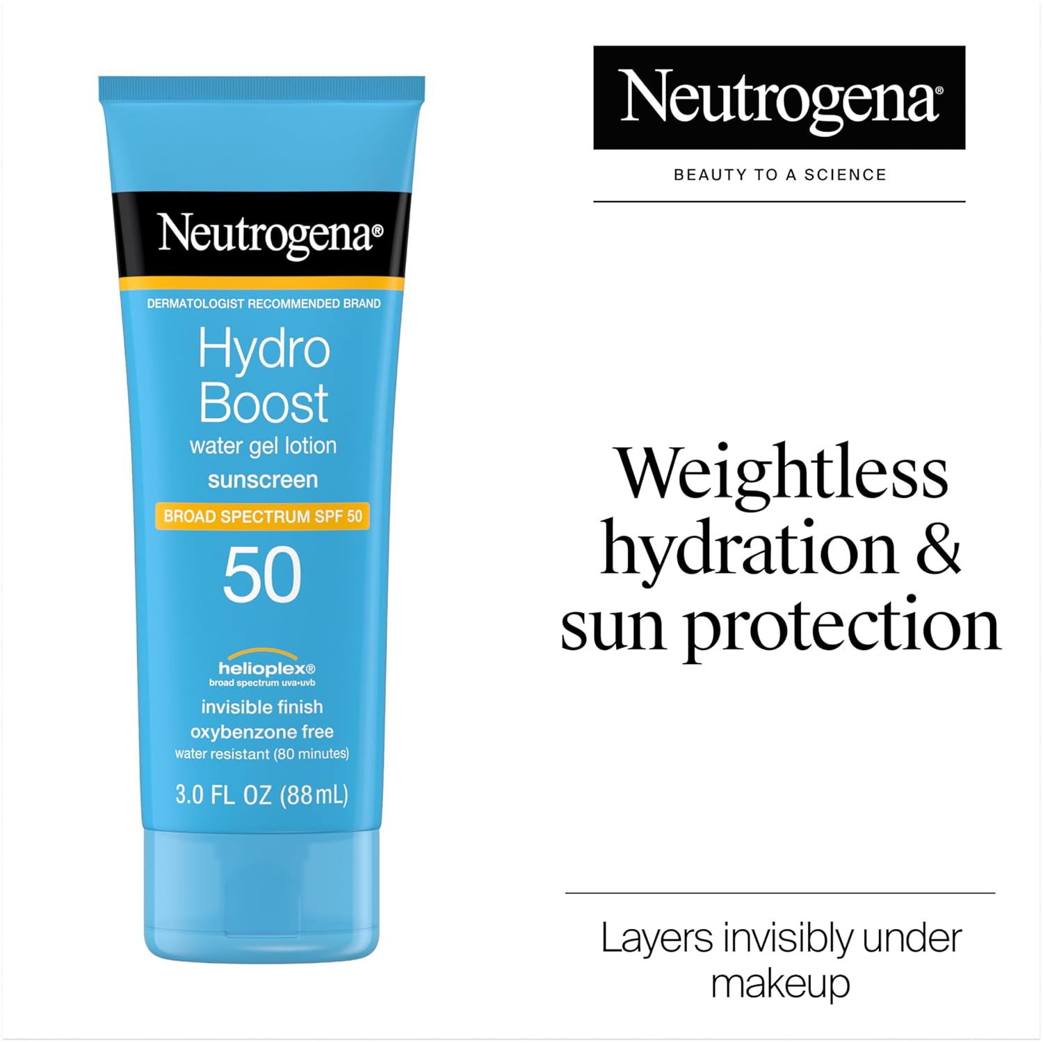 Neutrogena Hydro Boost Water Gel Sunscreen SPF 50, Oil‑Free Hydrating & Water‑Resistant Face & Body Sunscreen Lotion, Non‑Greasy, Broad Spectrum, Lightweight Moisturizer, 3 fl oz