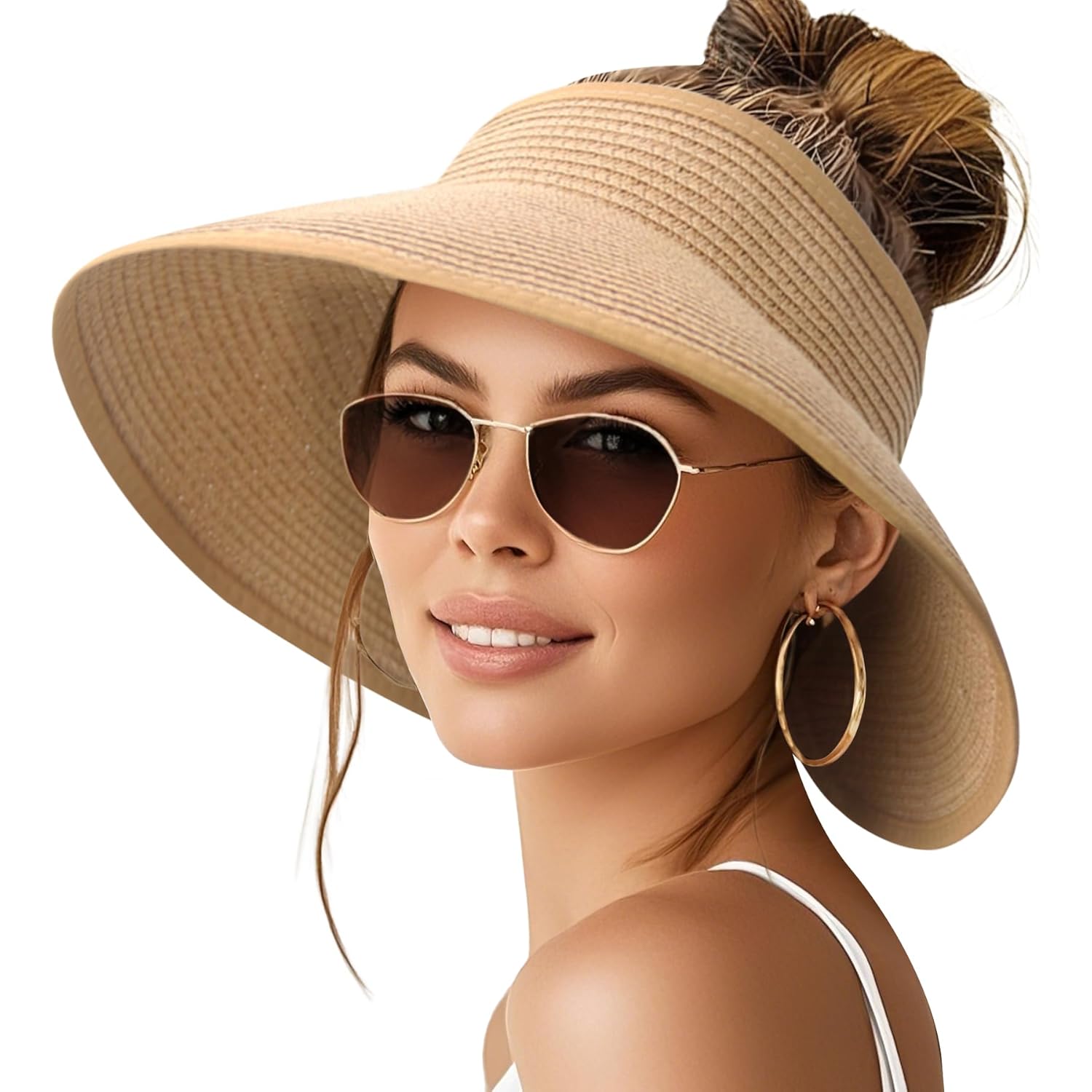 NPQQUAN Sun Visor Hats for Women Wide Brim Ponytail Straw Beach Hat Packable Foldable UPF 50+ Floppy Travel Hats