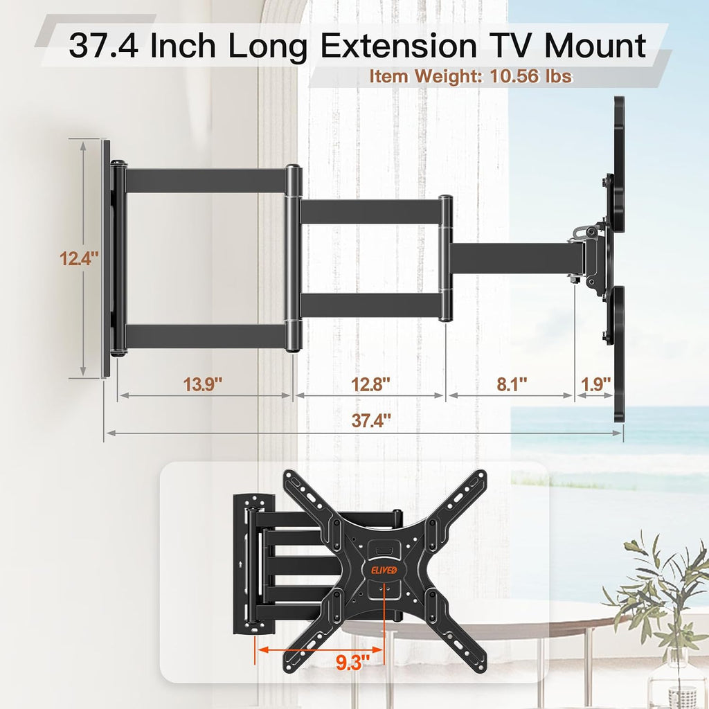 Elived Long Arm Tv Wall Mount For Most 26-65 Inch Tvs, 37.4 Inch Long Extension Tv Mount Swivel And Tilt, Max Vesa 400X400Mm, Full Motion Wall Mount Tv Bracket Holds Up To 77 Lbs.
