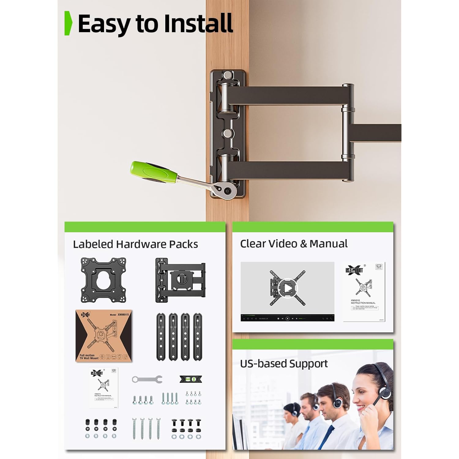 USX Mount TV Wall Mount for Most 26-60 Inch TVs up to 77 lbs, Full Motion Wall Mount TV Bracket with Swivel Tilt Single Stud Design for Corner, Max VESA 400x400mm fit Most 32 40 42 43 50 55 60 TVs