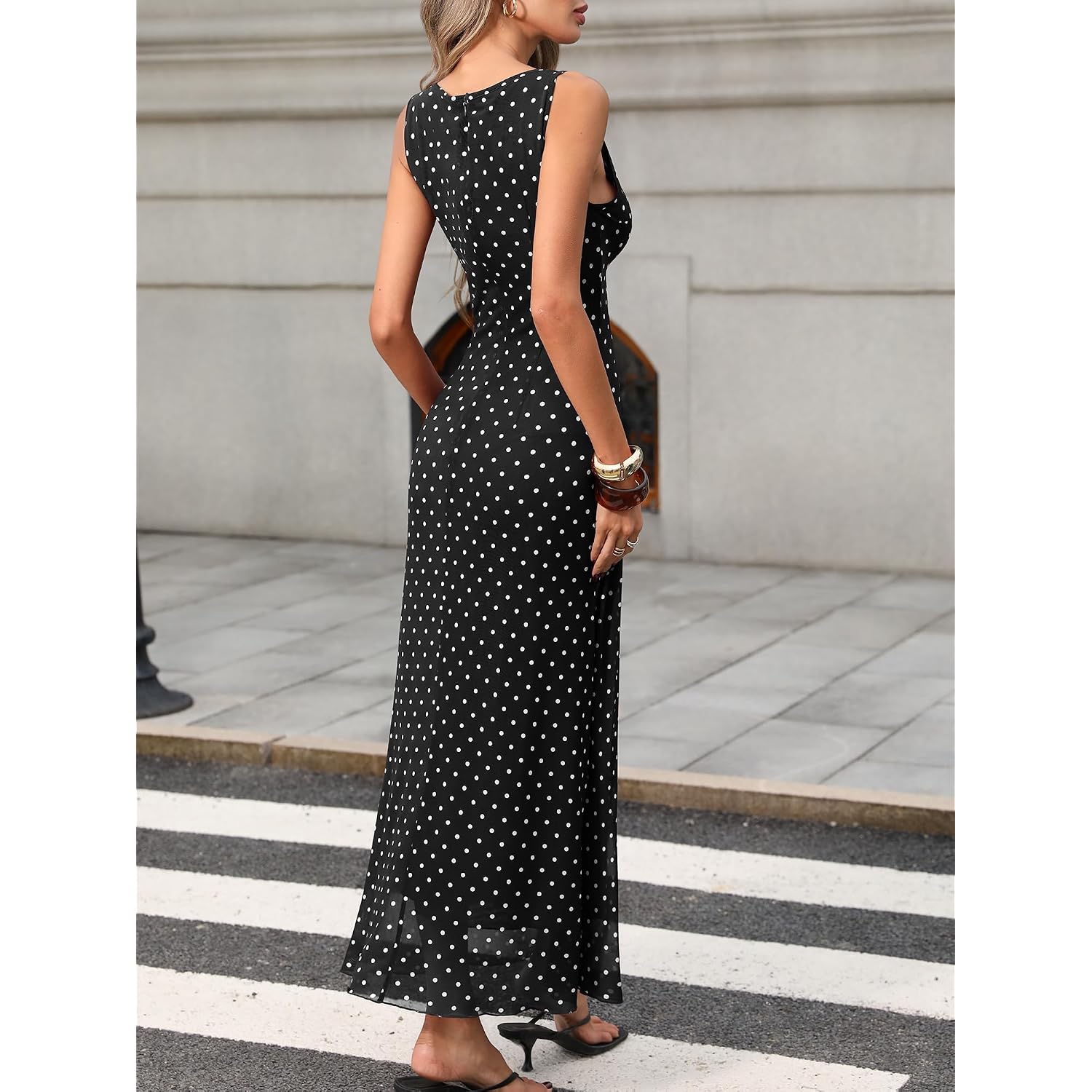 Elleven Women’S Polka Dot Maxi Tank Dress, Sleeveless Boat Neck Bodycon Slim Fit Elegant Long Dress