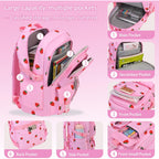 Girls Backpack Set With Lunch Box & Pencil Case, Floral Print Girls School Backpack For Elementary/Middle/High School (Pink-Strawberry)