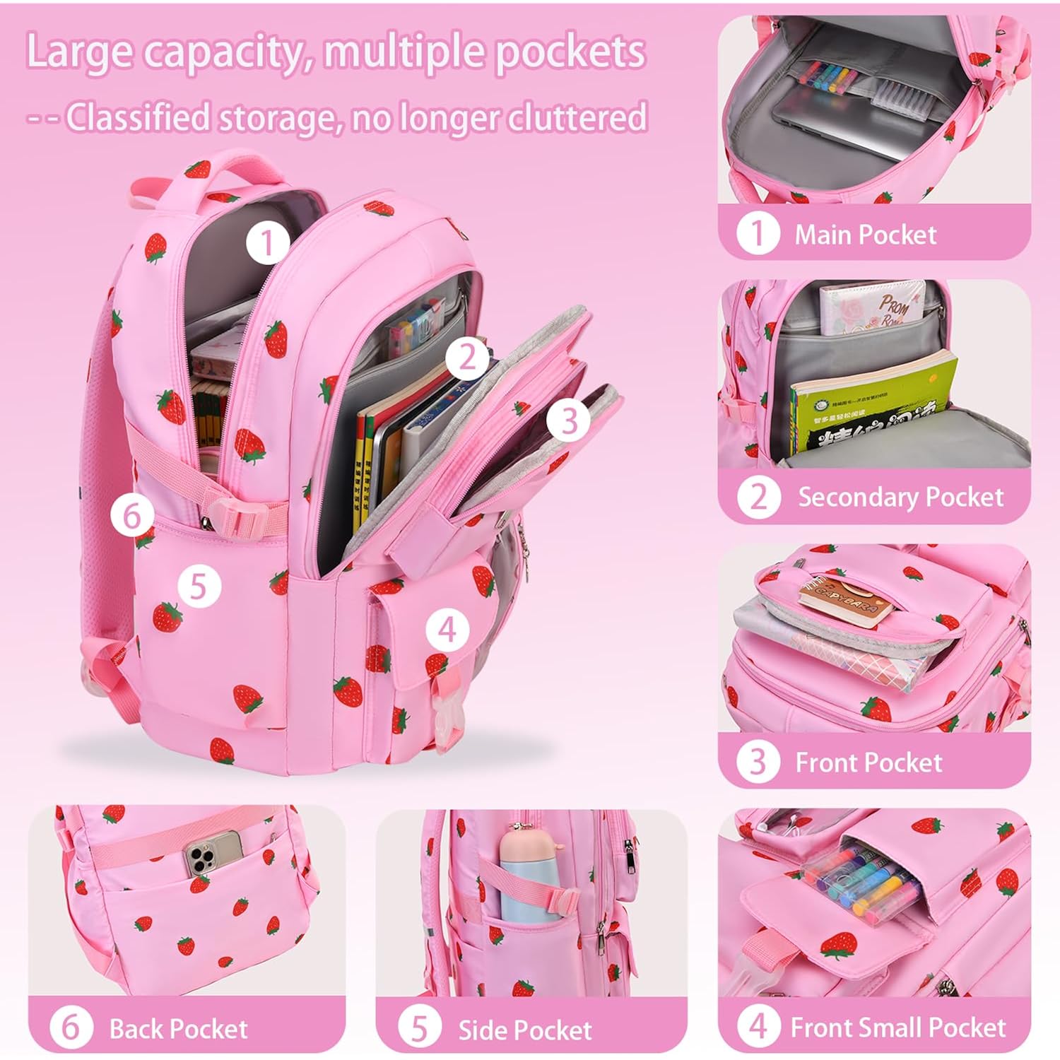 Girls Backpack Set With Lunch Box & Pencil Case, Floral Print Girls School Backpack For Elementary/Middle/High School (Pink-Strawberry)