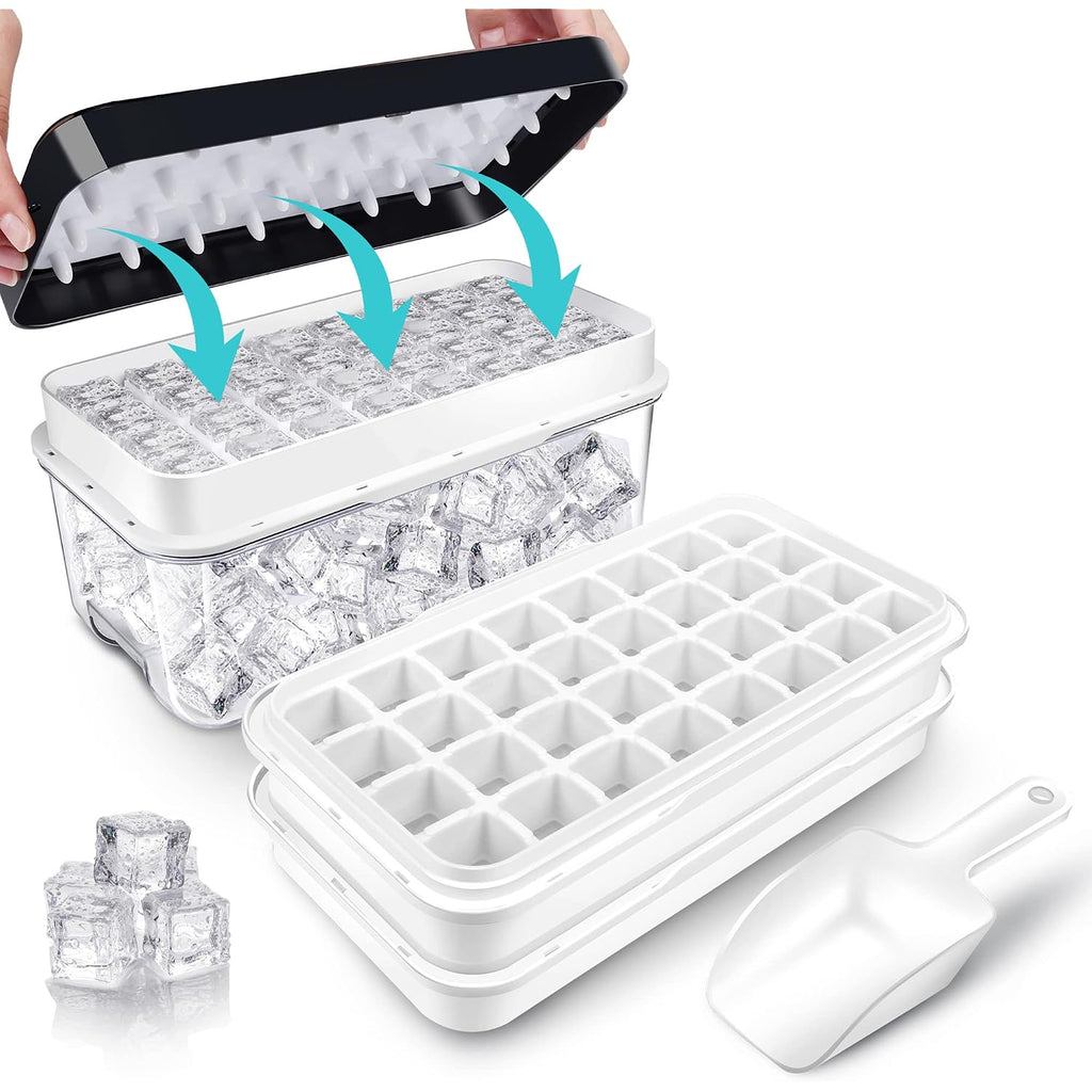 Ice Trays For Freezer With Lid & Bin, Ice Cube Tray Making 64 Pcs Ice Cubes, Easy Press To Release Ice, Ice Tray With Storage Bin Chilling Cocktail Whiskey Coffee 2 Trays 1 Ice Bucket & Scoop (Black)
