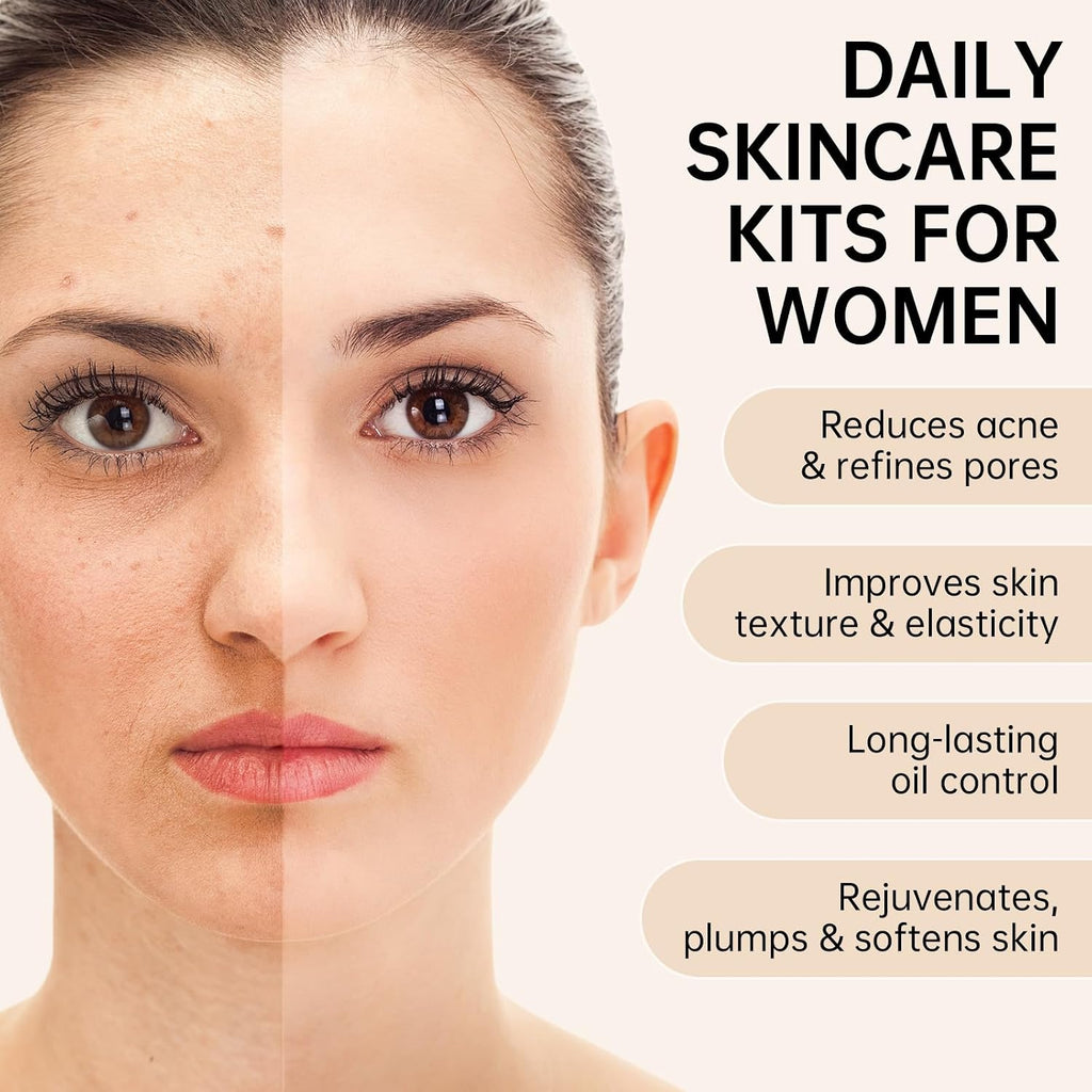 Collagen Skin Care Set, Anti Aging Skincare Set For Wrinkles & Fine Lines, Shrink Pores, Hydrate & Firm Skin, 7 Pcs Skincare Kits For Women With Cleanser, Toner, Serum, Cream, Eye Cream, 2 Pcs Masks.