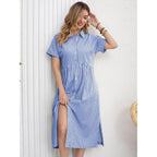 Ebossy Women'S Boho Striped Shirt Dress Button Up Side Slit Loose Mid Long Cotton Dress With Pockets