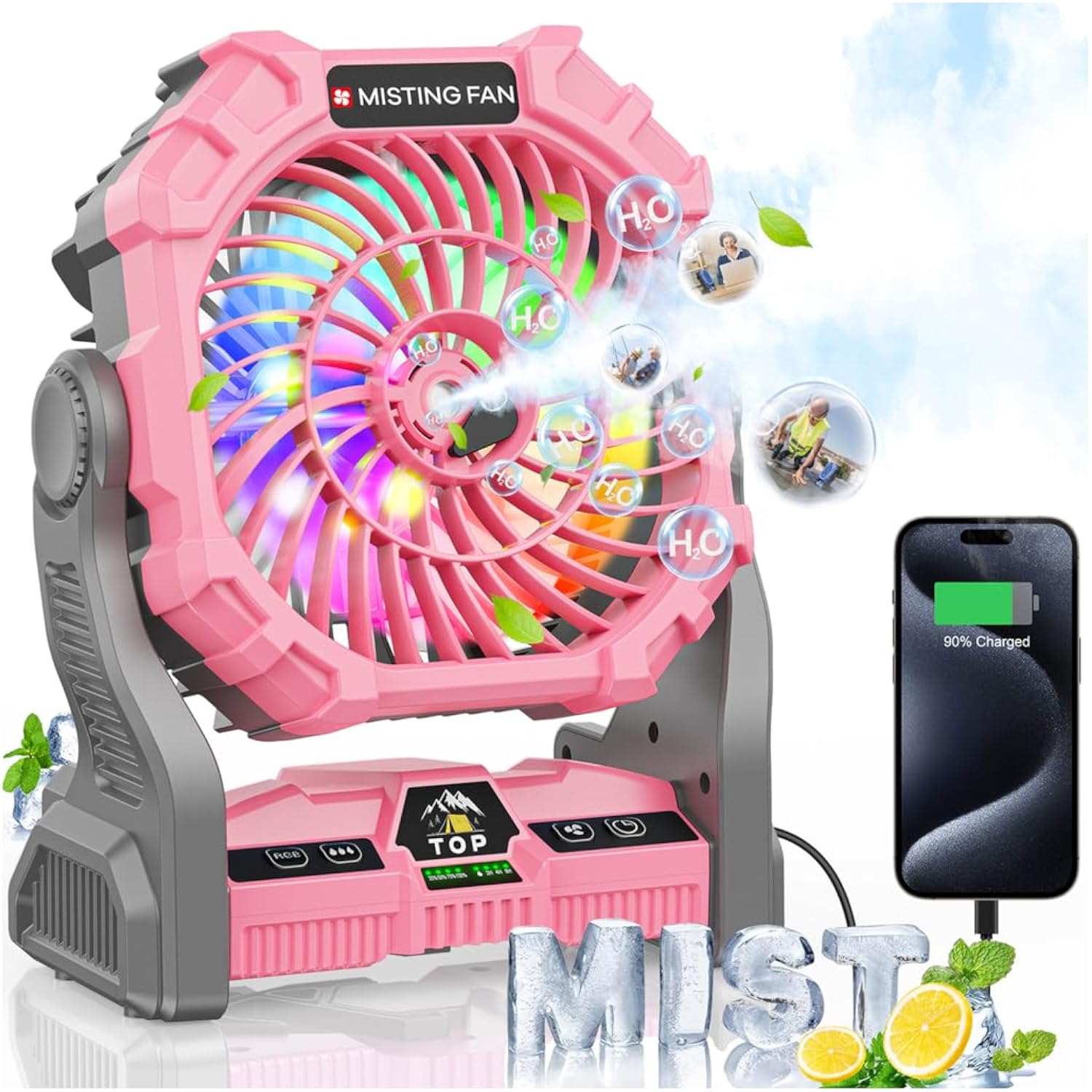 Misting Fan Portable With Rgb Lantern, 30000 Mah Rechargeable Camping Mist Fan With Emergency Battery Power Bank Hurricane Supplies, Perfect Cooling Mister For Outdoor Travel