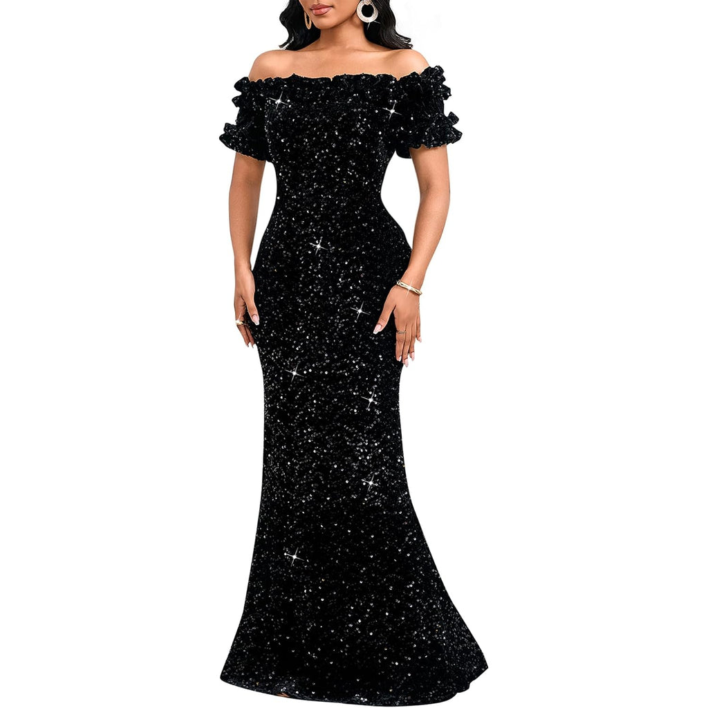 Dasmzper Women Sexy Sequin Off Shoulder Ruffle Short Sleeve Bodycon Mermaid Party Formal Evening Maxi Dress