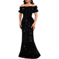 Dasmzper Women Sexy Sequin Off Shoulder Ruffle Short Sleeve Bodycon Mermaid Party Formal Evening Maxi Dress