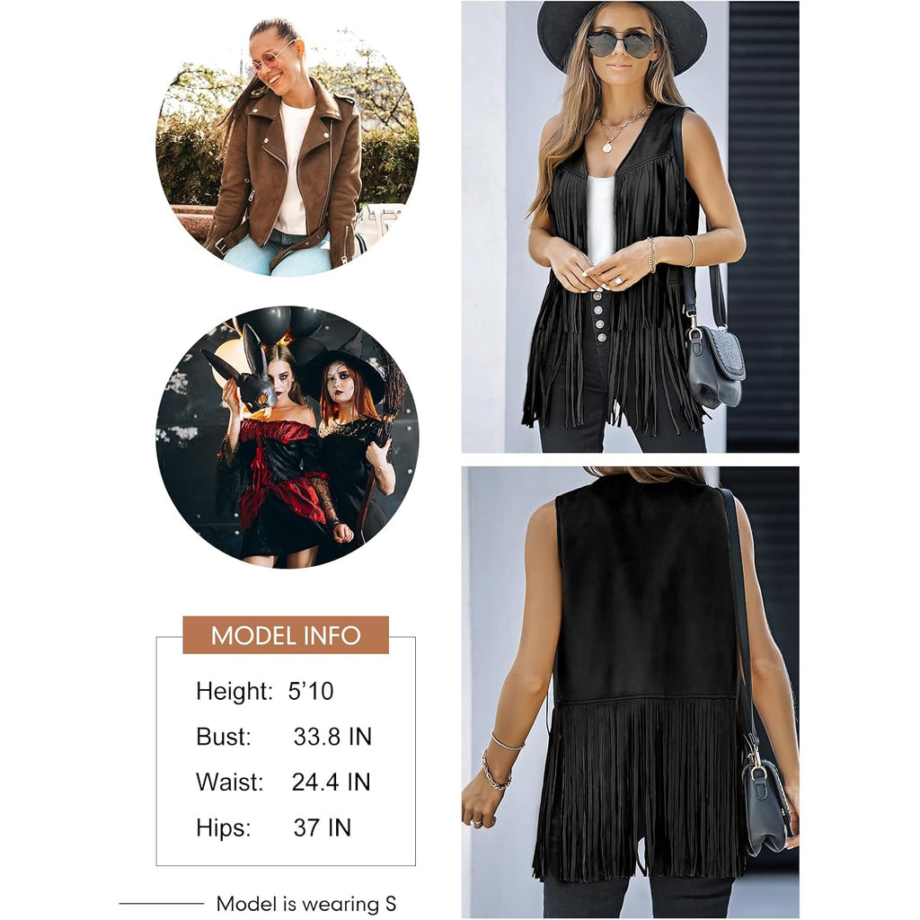 Dokotoo Womens Fringe Vest 70S Hippie Costume Sleeveless Cowgirl Western Outfits Faux Suede Tassel Leather Outerwear