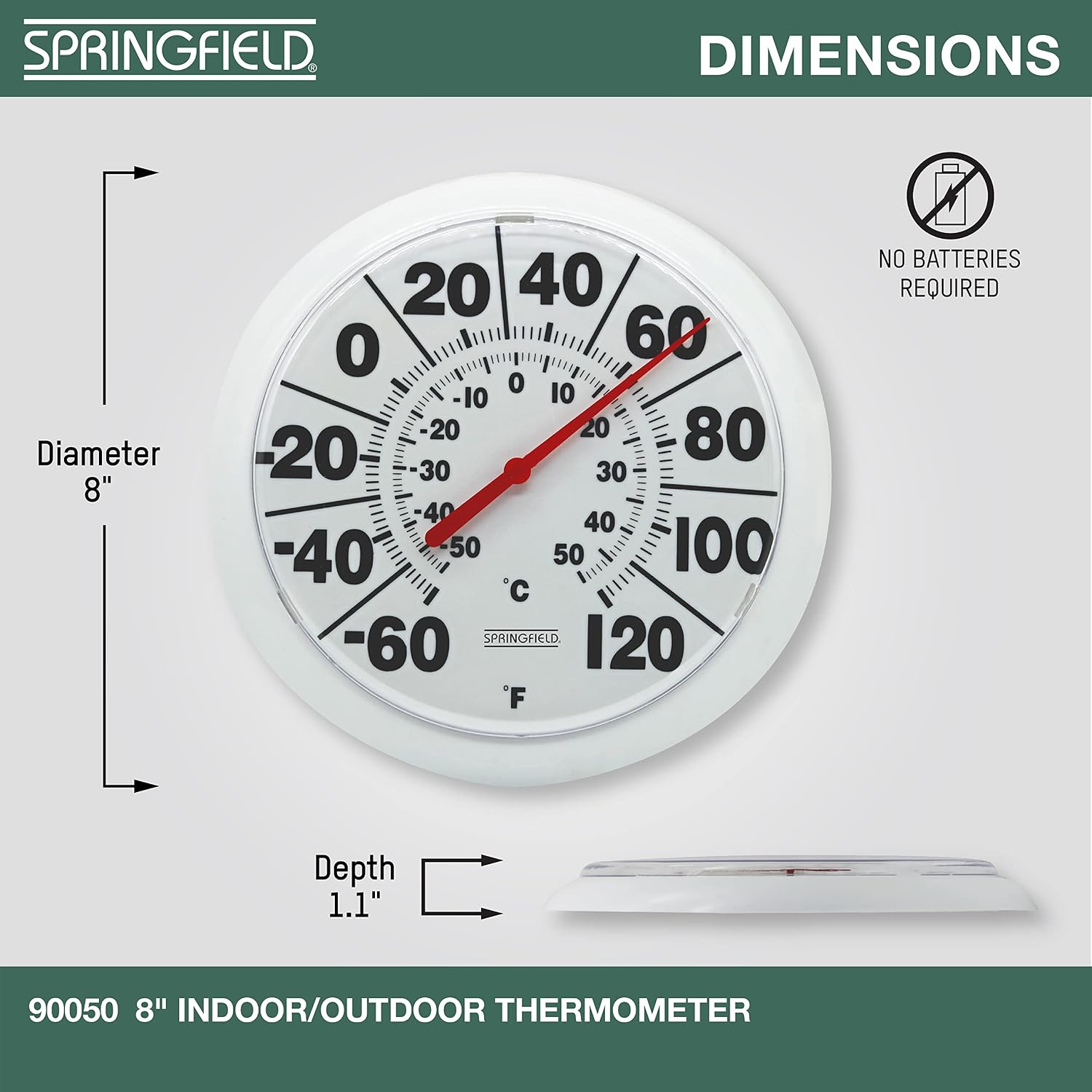 Springfield Indoor Outdoor Big And Bold Dial Thermometer, Wireless Thermometer With Easy To Read Large Numbers For Patio, Pool, And Indoor Areas, 8-Inch, White