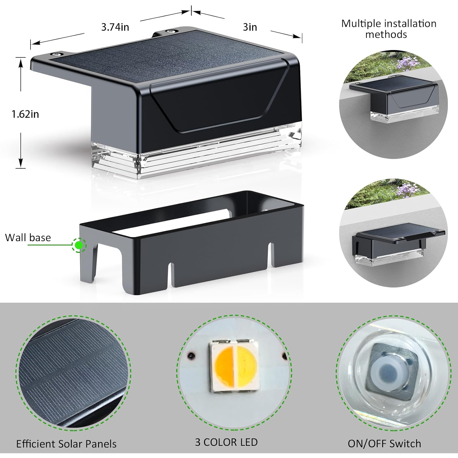 Lianglome Solar Fence Lights Outdoor - 3000/4000/6000K 3 Mode, Ip65 Waterproof Solar Powered Fence Lights, Dusk To Dawn For Outside, Backyard/Step/Patio/Deck/Stair Railings And Wall (8 Pack)