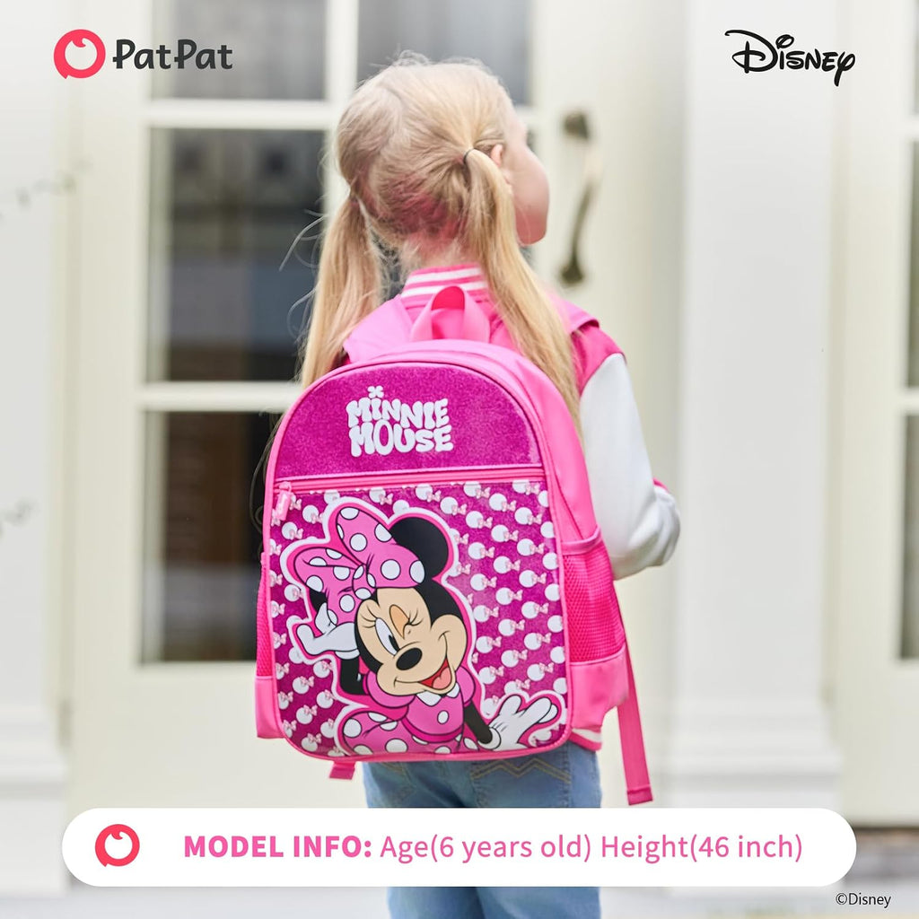 Disney Minnie Mouse Girls Backpack For Elementary Kindergarten, Medium 12L | Glitter Water-Stain-Tear-Resistant, Lightweight 350G, Ergonomic Padded Adjustable Strap, Chest Strap Support Large Capacity