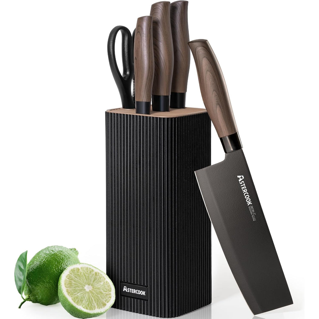 Astercook Knife Set, 6-Piece Kitchen Knife Set with Block, High Carbon Stainless Steel Ultra Sharp Kitchen Knives, Wood Grain Handle, Dishwasher Safe Knife Block Set, Black, Mothers Day Gifts