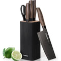 Astercook Knife Set, 6-Piece Kitchen Knife Set with Block, High Carbon Stainless Steel Ultra Sharp Kitchen Knives, Wood Grain Handle, Dishwasher Safe Knife Block Set, Black, Mothers Day Gifts