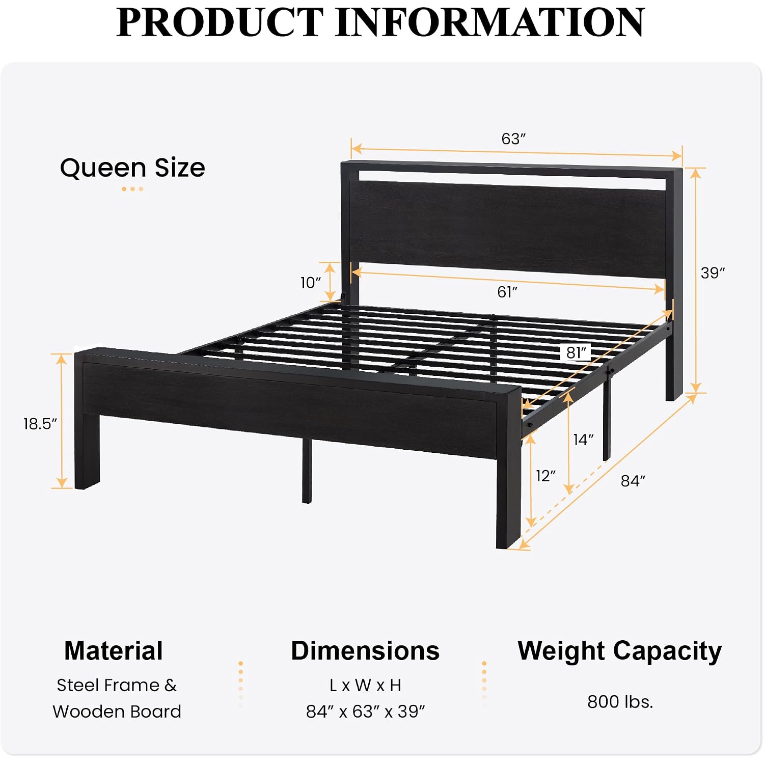 Sha Cerlin 14 Inch Queen Size Metal Platform Bed Frame With Wooden Headboard And Footboard, Mattress Foundation, No Box Spring Needed, Large Under Bed Storage, Non-Slip Without Noise, Black Oak