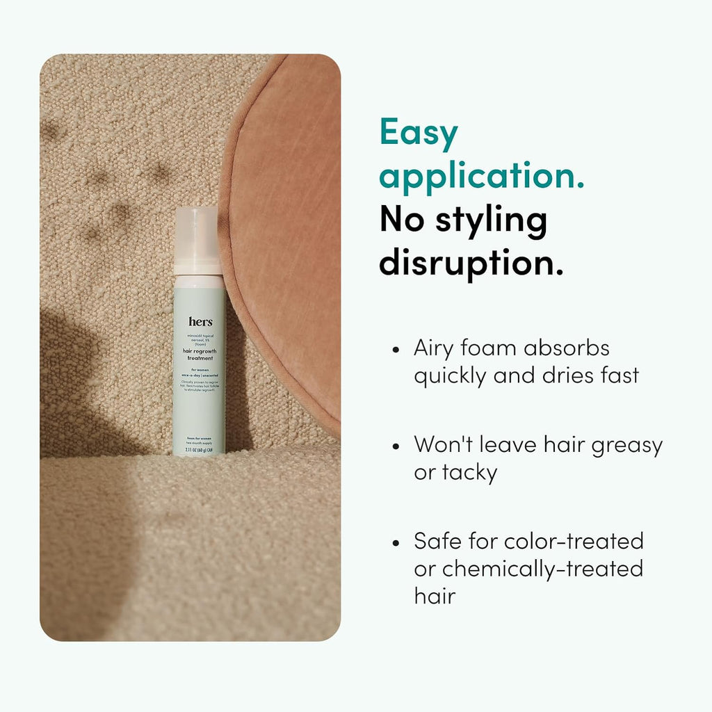 hers Hair Regrowth Treatment - Topical Minoxidil 5% Foam for Women - Extra Strength - Supports Thicker, Fuller Hair - Non-Greasy - Unscented, 2 Pack