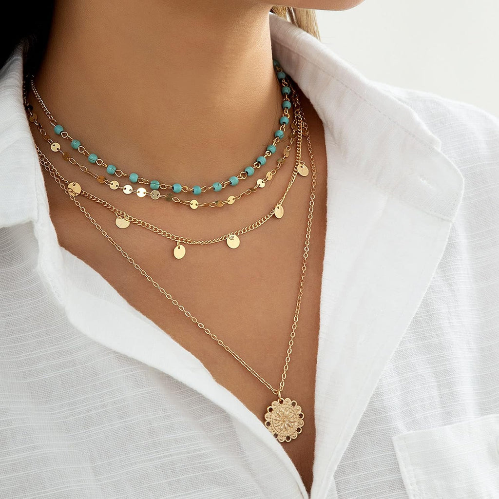 Gold Layered Turquoise Necklace for Women Multi Boho Long Necklace Bohemian Coin Pendant Necklaces Jewelry