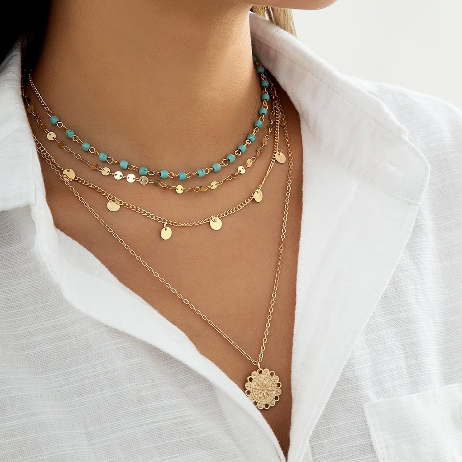 Gold Layered Turquoise Necklace for Women Multi Boho Long Necklace Bohemian Coin Pendant Necklaces Jewelry