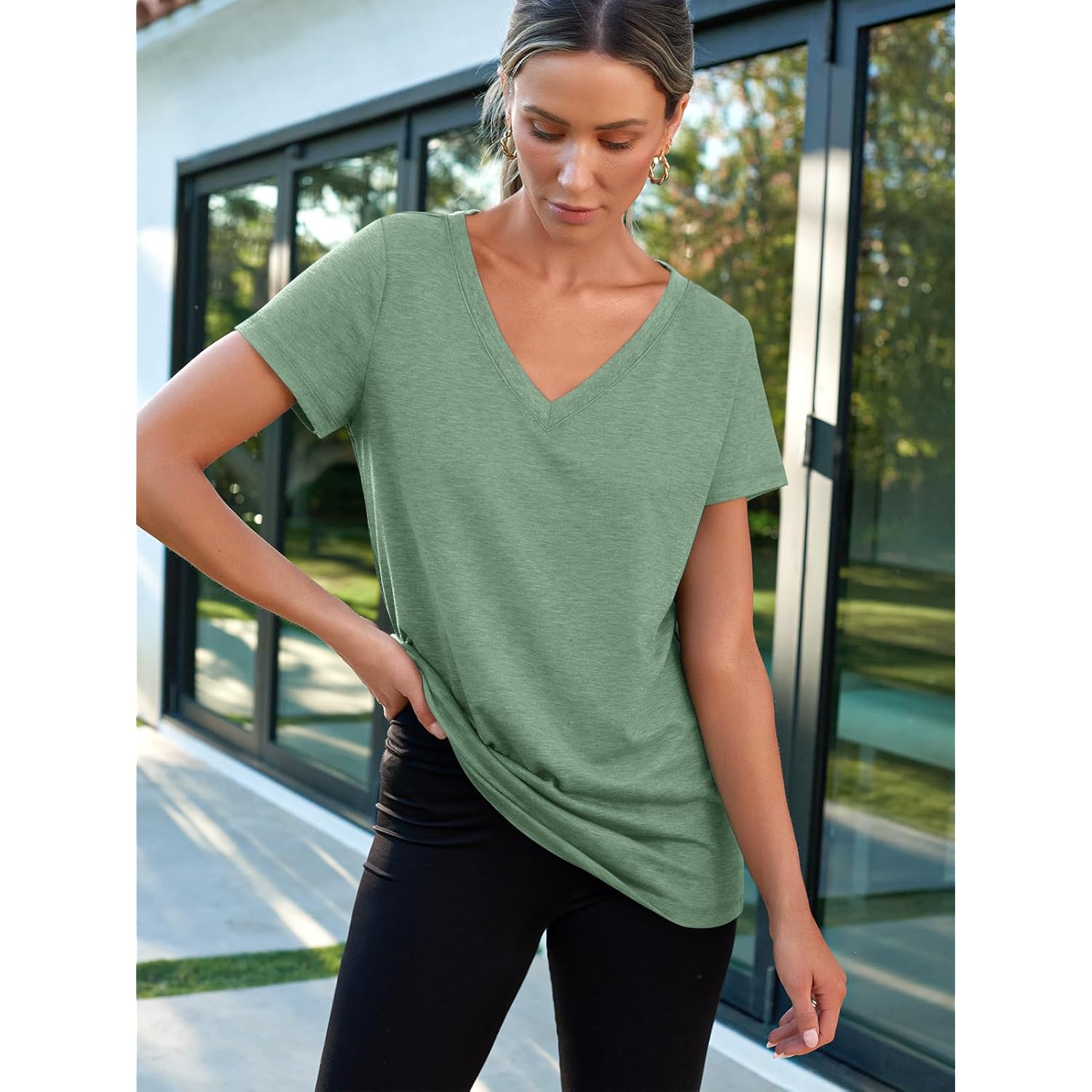 T-Shirts Short Sleeve V Neck Tees Tops for Women Fashion Trendy Lightweight Soft Casual Summer Outfits Clothes 2026