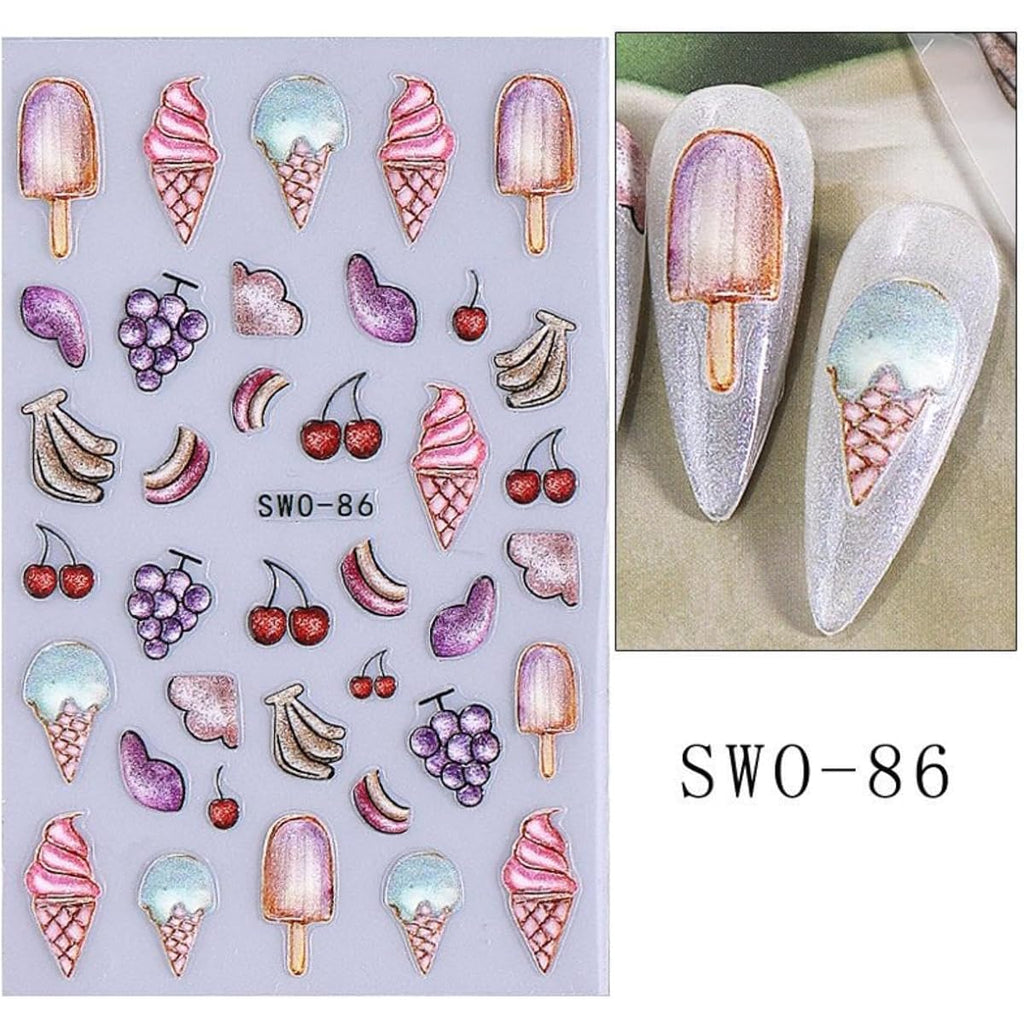 Summer Nail Art Stickers 5D Embossed Ice Cream Cone Nail Stickers 3D Self-Adhesive Lollipop Nail Decals Gold Butterfly Nail Designs Fruit Flower Nail Art Decoration for Women Girls Manicure 3 Sheets