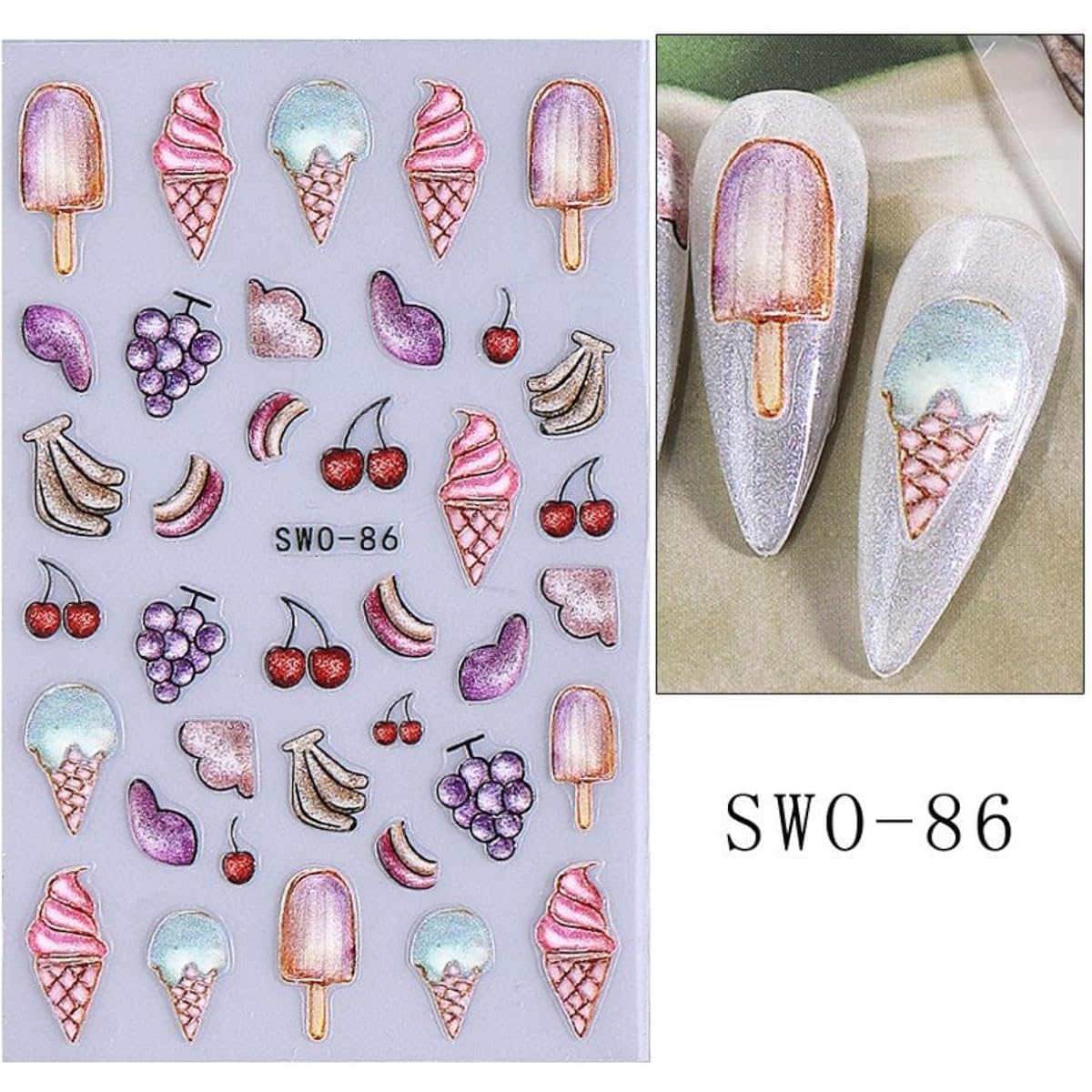 Summer Nail Art Stickers 5D Embossed Ice Cream Cone Nail Stickers 3D Self-Adhesive Lollipop Nail Decals Gold Butterfly Nail Designs Fruit Flower Nail Art Decoration for Women Girls Manicure 3 Sheets