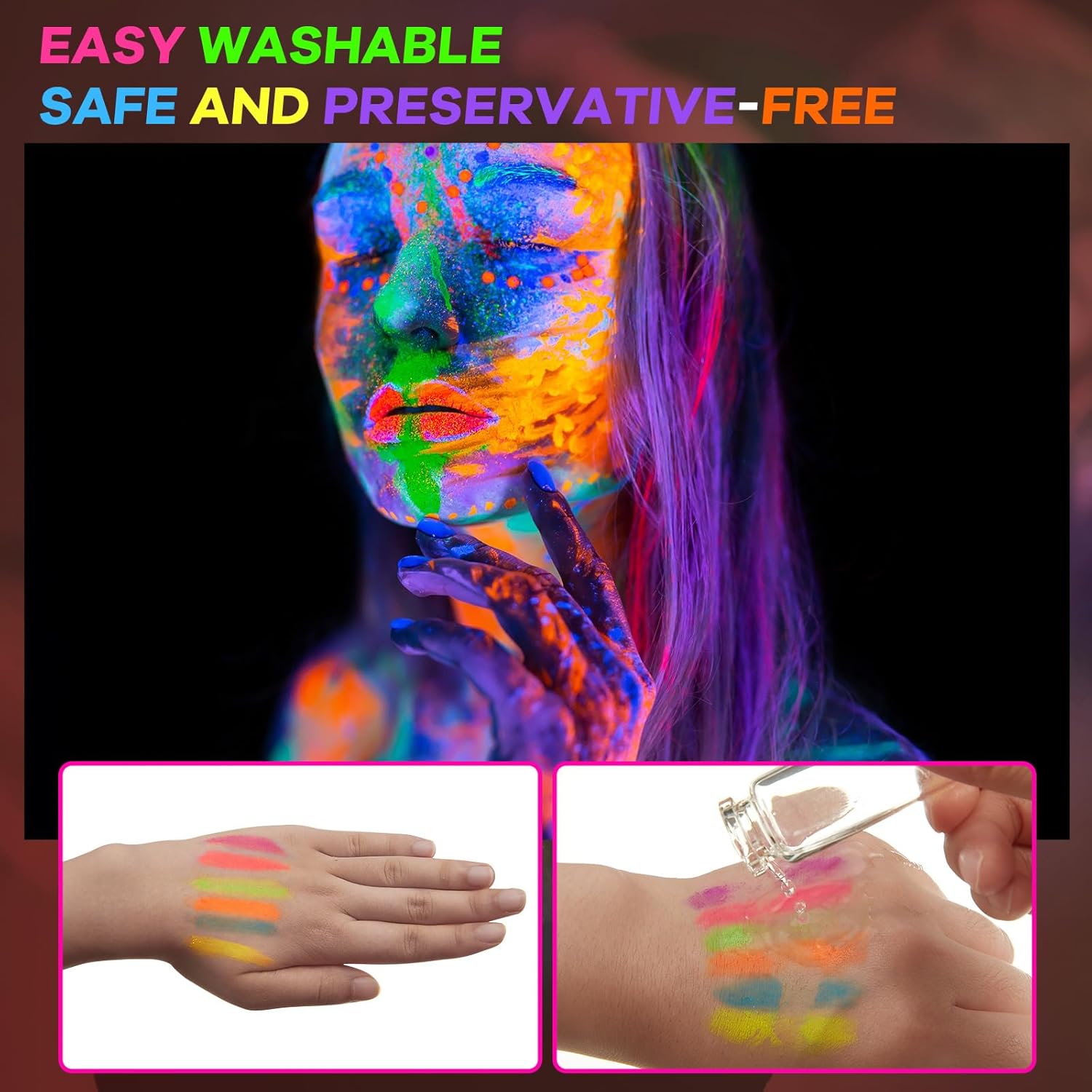 Tenceur 48 Pcs Glow in The Dark Face Body Paint Makeup, UV Crayon Black Light Fluorescent Body Face Painting Kit for Adult Birthday Party Halloween Makeup Outdoor, 6 Colors