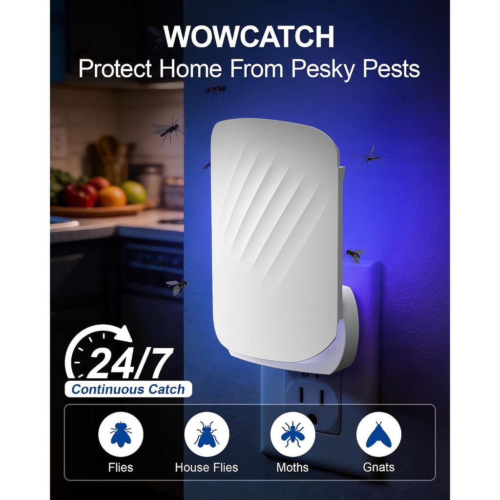 Wowcatch Plug-In Flying Insect Trap For Indoors, Fly Trap For Fruit Flies, Gnats & House Flies, Uv Light Indoor Bug Catcher For Home, Kitchen, Mess-Free Alternative To Bug Zapper, 1 Device 2 Refills