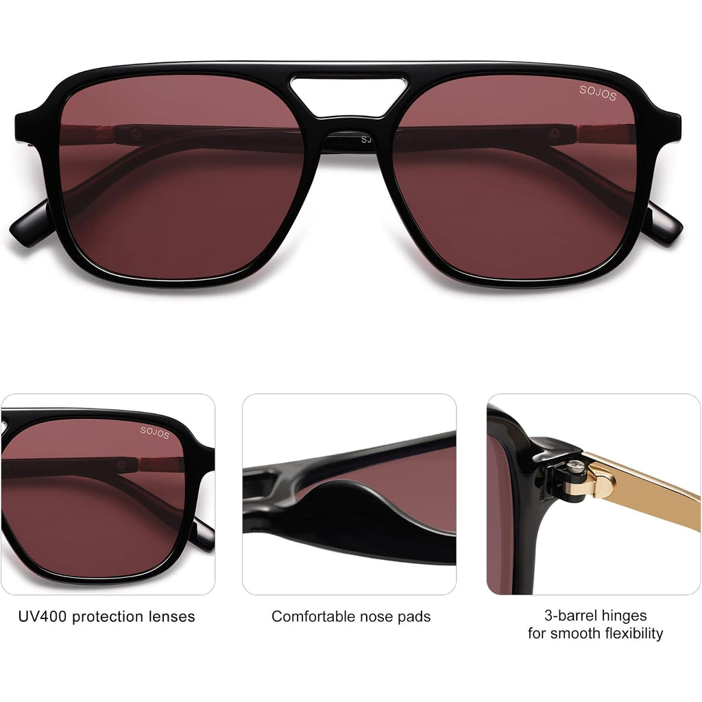 SOJOS Retro Aviator Sunglasses for Women Men,Trendy Rectangle Womens Mens Shades Sun Glasses SJ2202 Black Frame/Red Lens