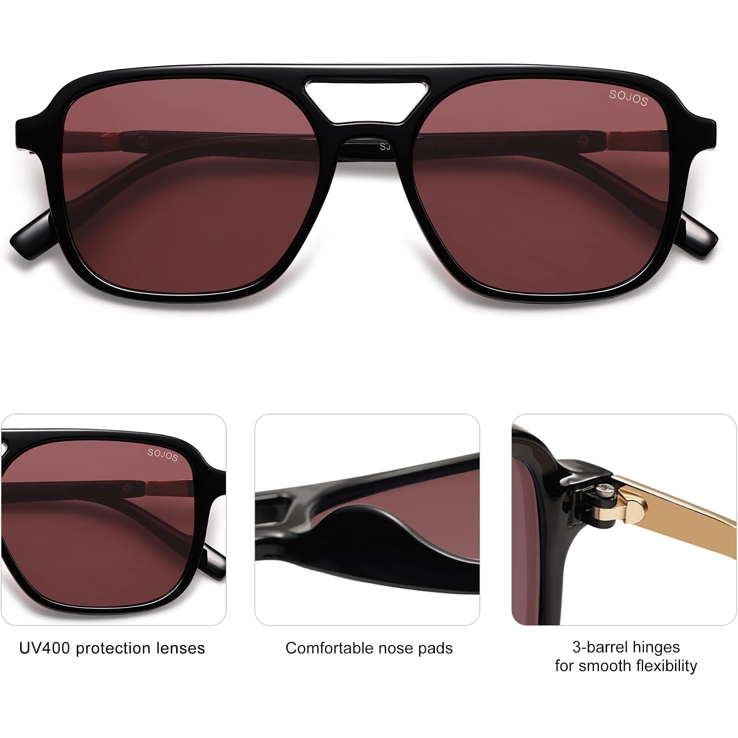 SOJOS Retro Aviator Sunglasses for Women Men,Trendy Rectangle Womens Mens Shades Sun Glasses SJ2202 Black Frame/Red Lens