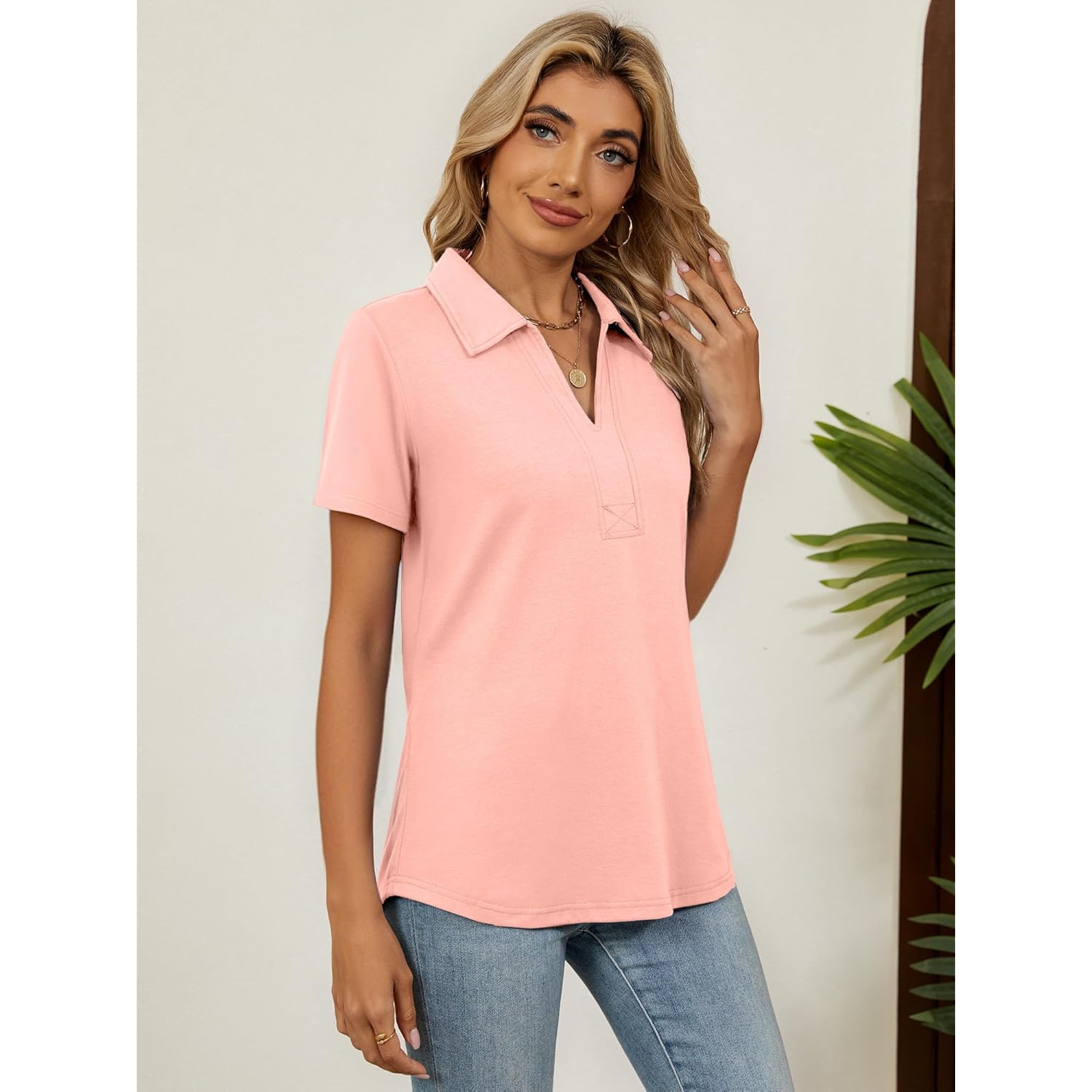 Women's 3/4 Length Sleeve V-Neck Collared Tops Summer Business Casual Work Polo Shirts Fashion Outfits 2026