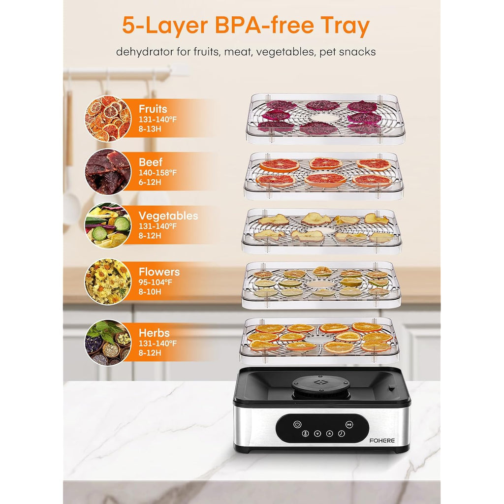 Fohere Food Dehydrator, 5 Bpa-Free Tray Dehydrators For Food And Jerky, Fruit, Herbs, Meat, Dog Treats, 48H Timer And 95-158°F Temperature Control, 400W Dehydrator Machine, 11.42" Stackable Trays
