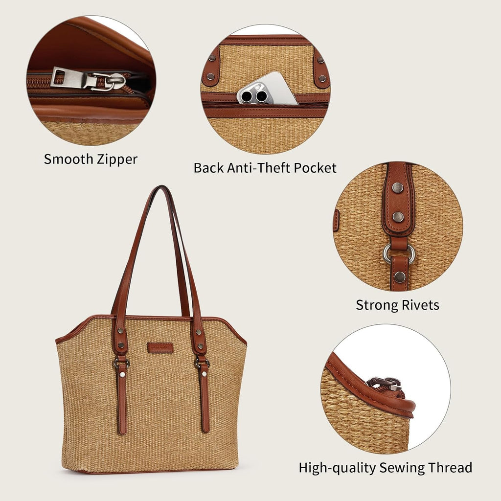 Tote Bag For Women,Large Capacity Straw&Vegan Leather Tote Purses For Women,Shoulder Bags For Daily Travel Work Beach
