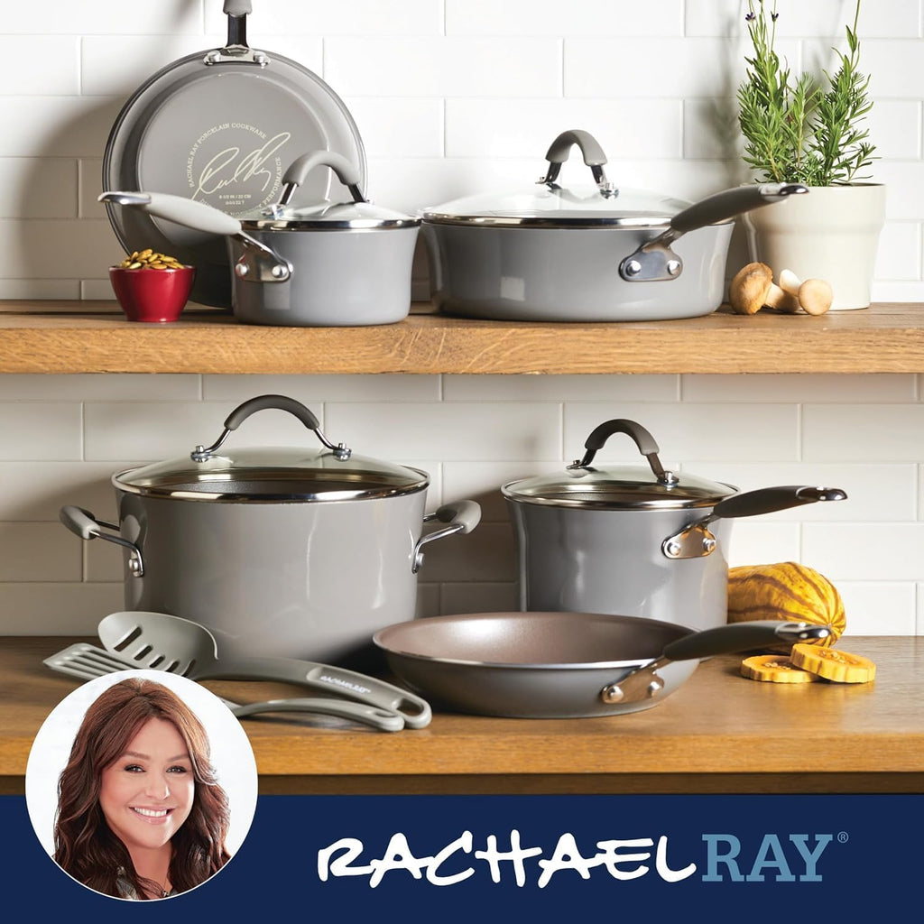 Rachael Ray Cucina Nonstick Cookware, Sea Salt Gray Pots And Pans Set, 12-Piece