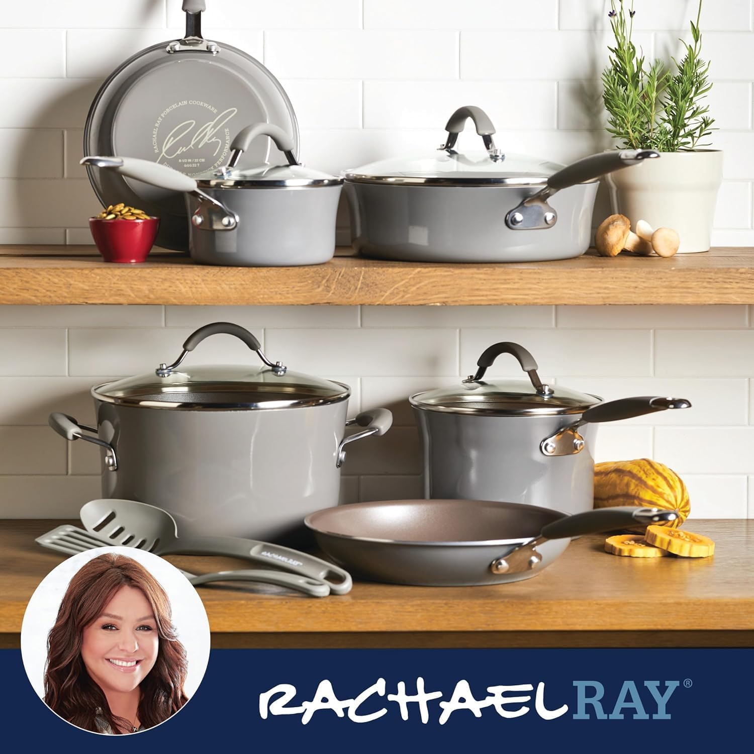 Rachael Ray Cucina Nonstick Cookware, Sea Salt Gray Pots And Pans Set, 12-Piece