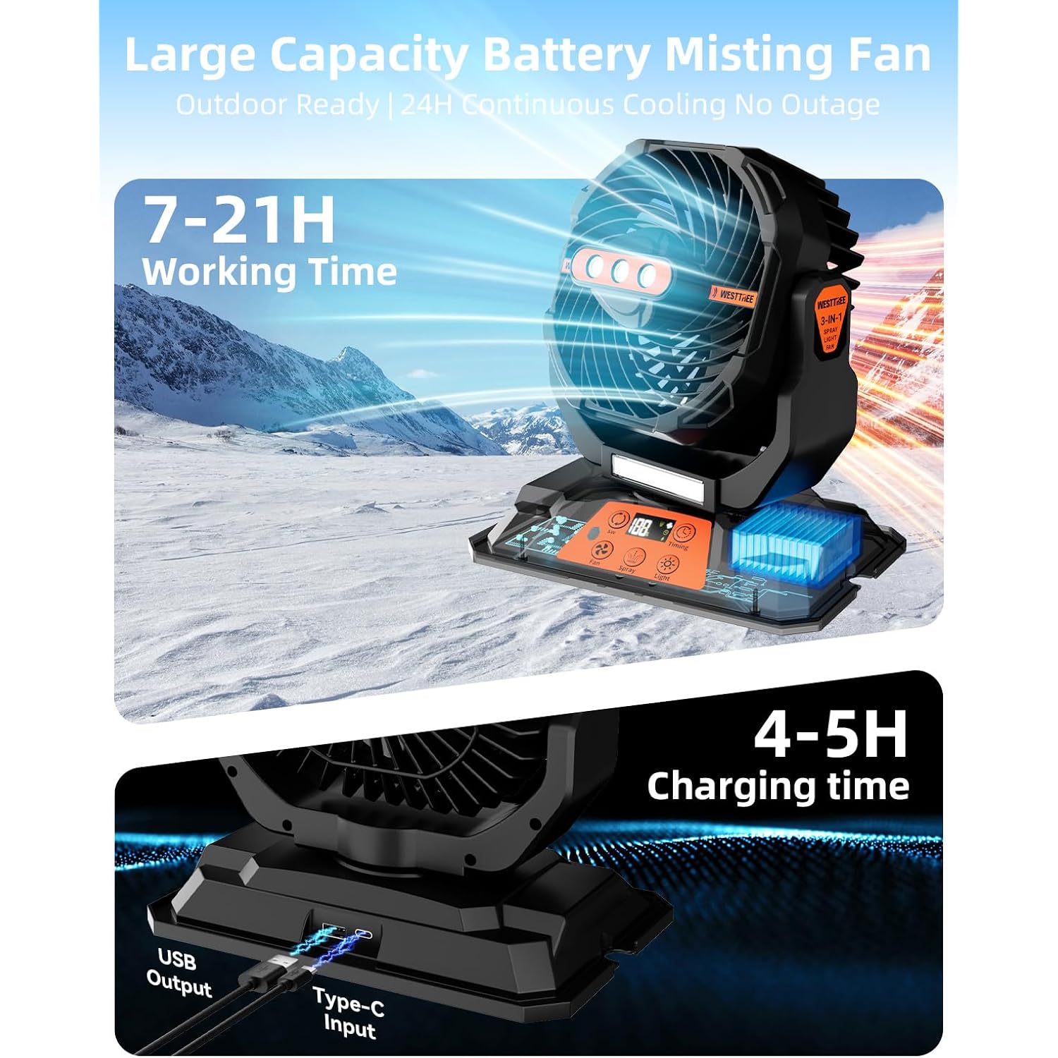 Westtree Portable Misting Fan, Large Rechargeable Battery Powered Mist Fan, Long Lasting Runtime, 3 Nozzles Mister Design, Portable Fan For Home Patio Camping Outdoor Mist Daily Cooling Fan