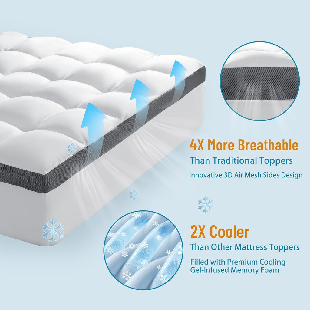 4 Inch Memory Foam Mattress Topper Queen, Cooling Extra Thick 2000 Gsm Pillow Top Mattress Pad For Back Pain Relief,Soft Breathable Mattress Cover For Fluffy Shredded Memory Foam Filled (60"X80")