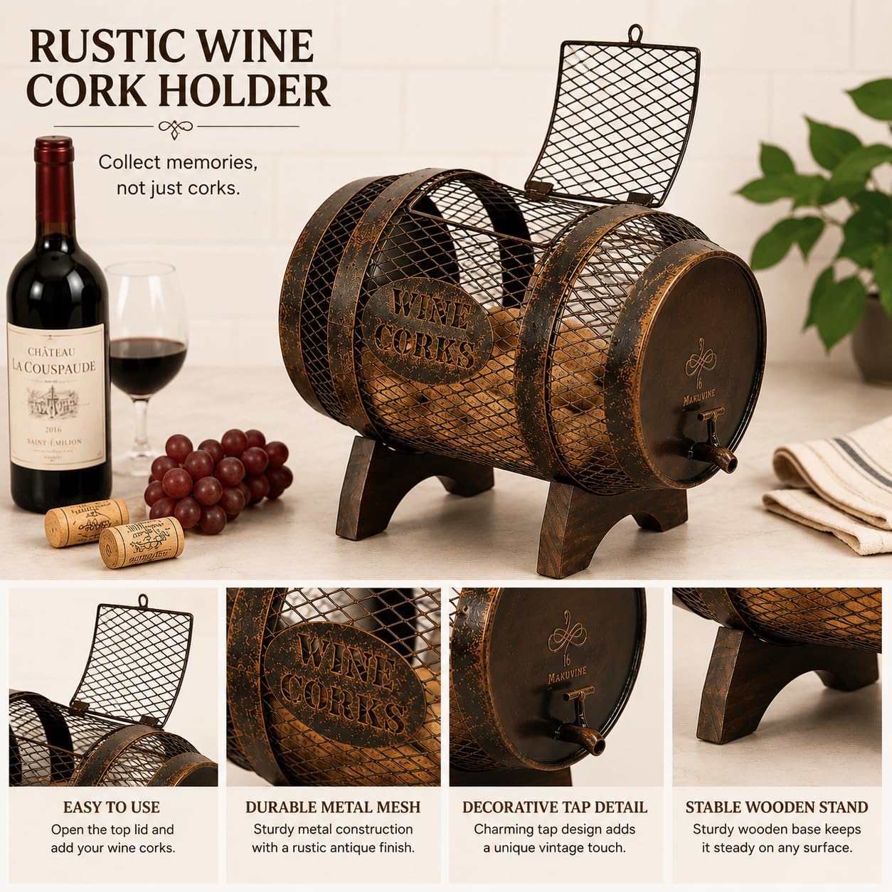 Rustic Metal Large Barrel Wine Cork Holder Display On Wooden Stand, Container For Display, Home Decor, Housewarming Gifts, Home Bar Decor, Wine Gifts, Engagement Gifts, Kitchen Decor