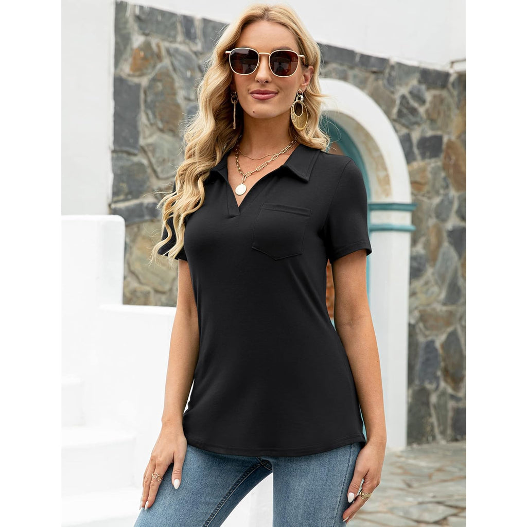 Womens V Neck Polo Shirts Short Sleeve Collared Tops Loose Casual Tunic Blouses with Pocket