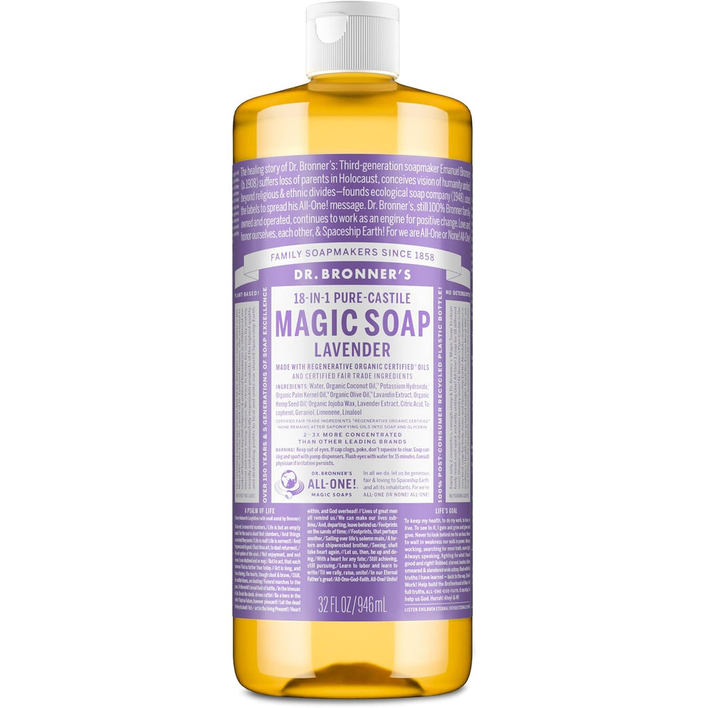 Dr. Bronner'S Pure-Castile Liquid Soap, Made With Organic Oils, 18-In-1 Uses: Face, Body, Hair, Laundry, Pets And Dishes, Concentrated, Vegan, Non-Gmo, Lavender, 32 Oz