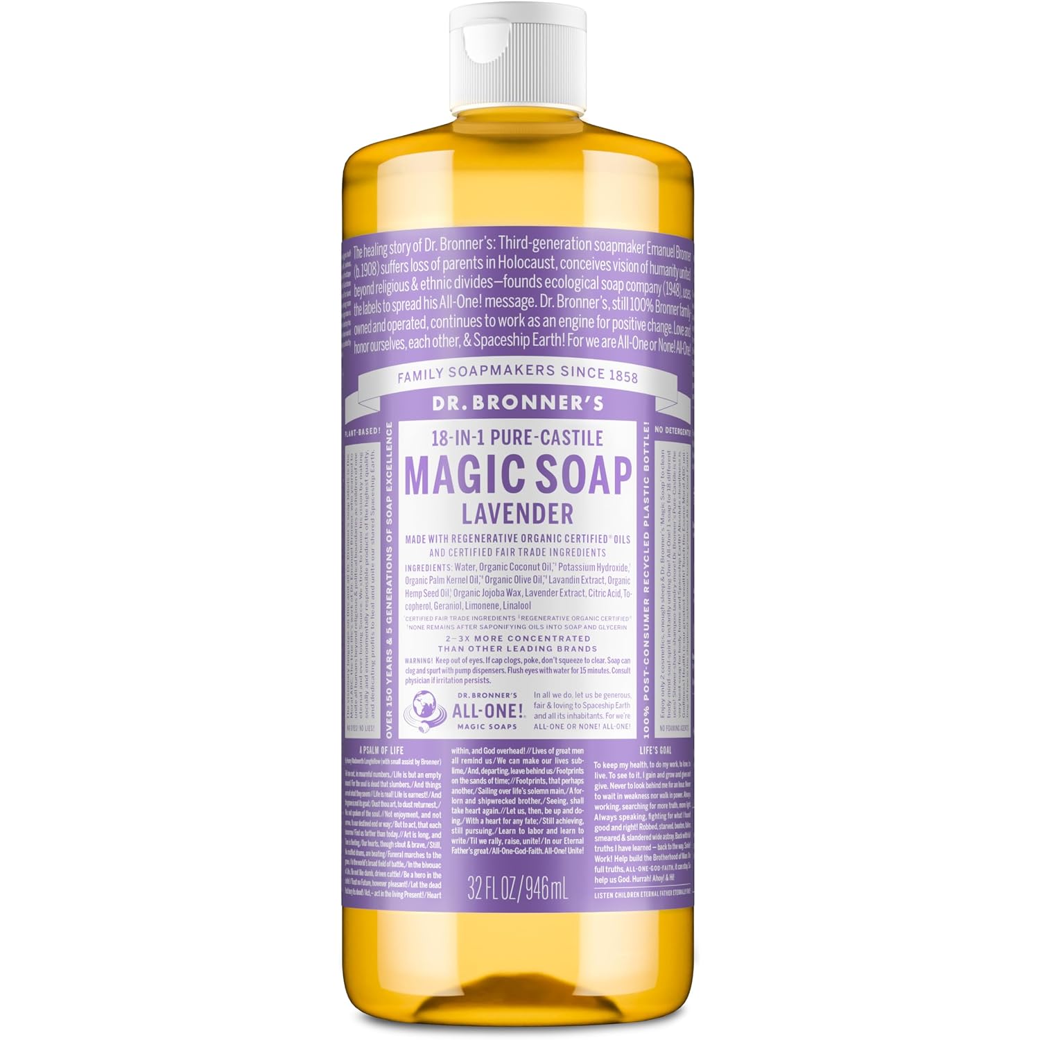 Dr. Bronner'S Pure-Castile Liquid Soap, Made With Organic Oils, 18-In-1 Uses: Face, Body, Hair, Laundry, Pets And Dishes, Concentrated, Vegan, Non-Gmo, Lavender, 32 Oz