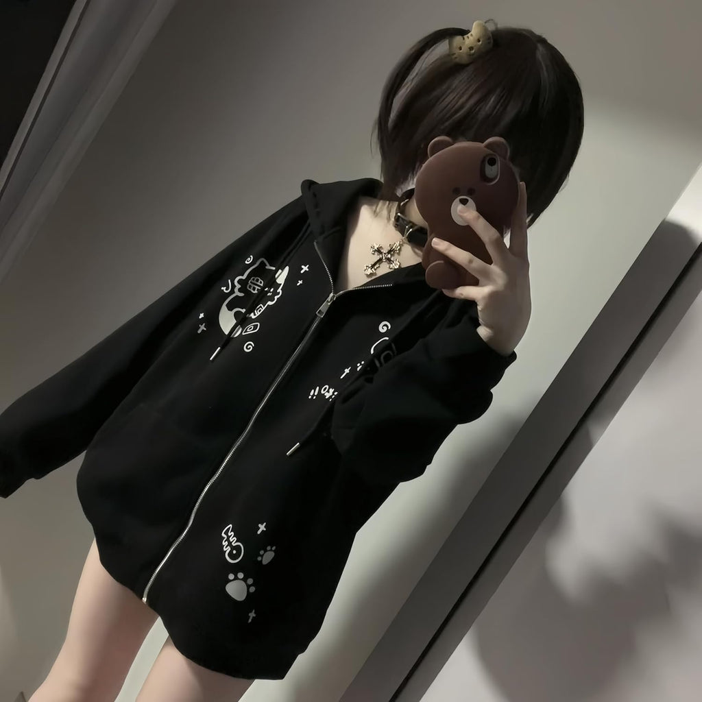 Womens Y2K Zip Up Cute Graphic Hoodies Cat Ears Casual Cartoon Harajuku Kawaii Clothes Oversize Streetwear Jacket