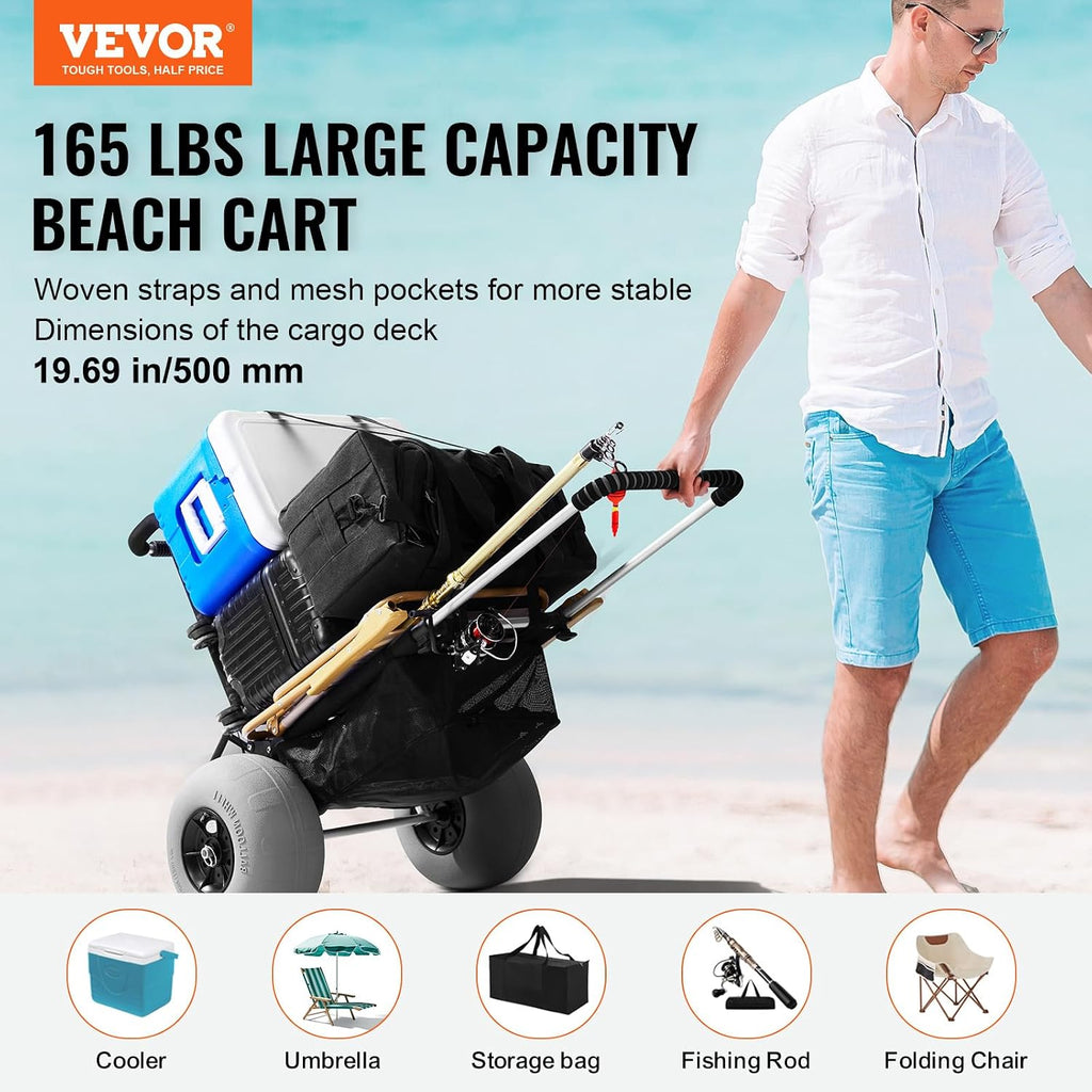 Vevor Beach Dolly With Big Wheels For Sand, 29.9" X 15.4" Cargo Deck, W/ 12" Balloon Wheels, 165Lbs Loading Capacity Folding Sand Cart & 27" To 44.7" Adjustable Height, Heavy Duty Cart For Beach