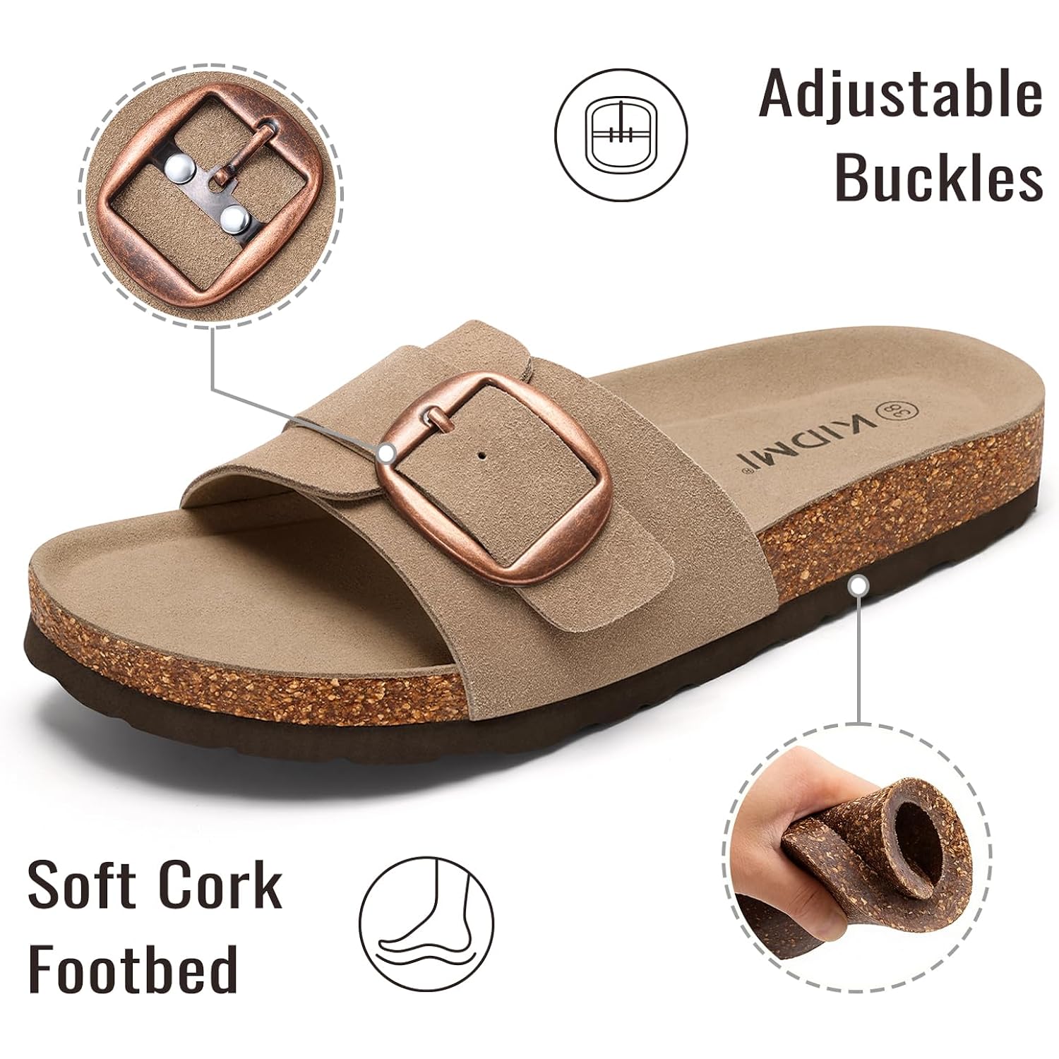 Kidmi Genuine Suede Cork Footbed Sandals For Women Comfortable Summer Slides With Buckle