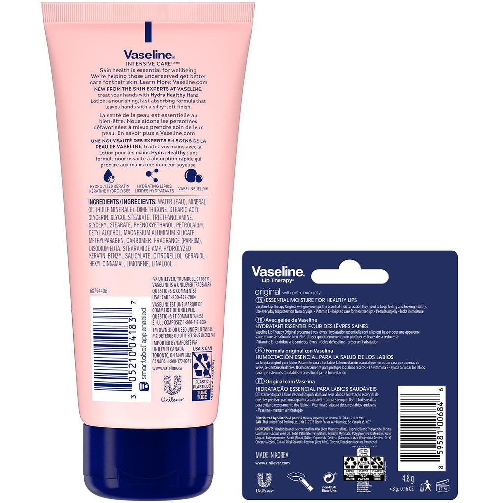 Vaseline Lotion & Lip Therapy Bundle – Healthy Hands Stronger Nails with Keratin Intensive Care Hand Lotion + Original Lip Balm Tube